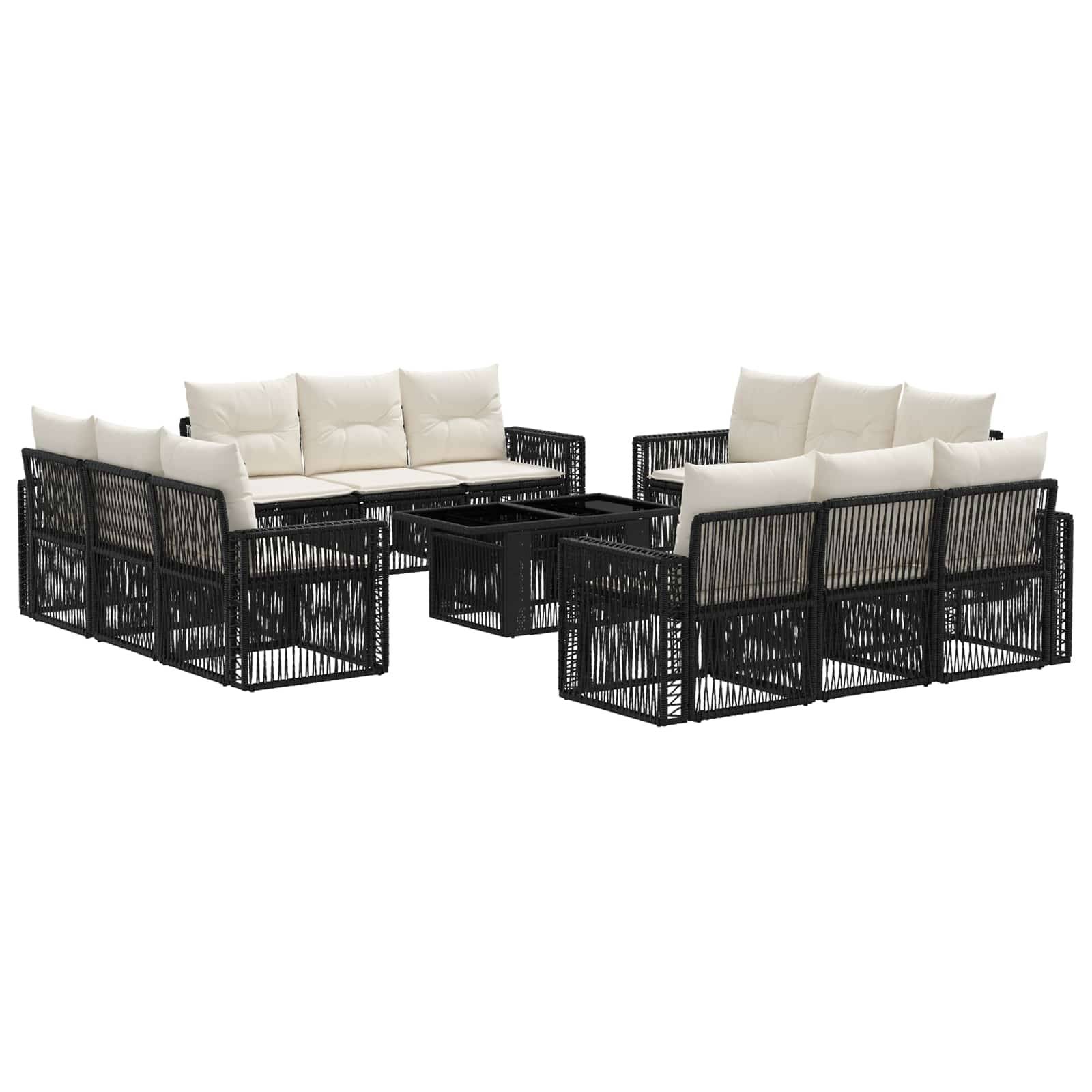Vierteiliges Außen-Terrassensitzset mit schwarzen geflochtenen Rahmen, cremefarbenen Kissen und passendem quadratischem Couchtisch.