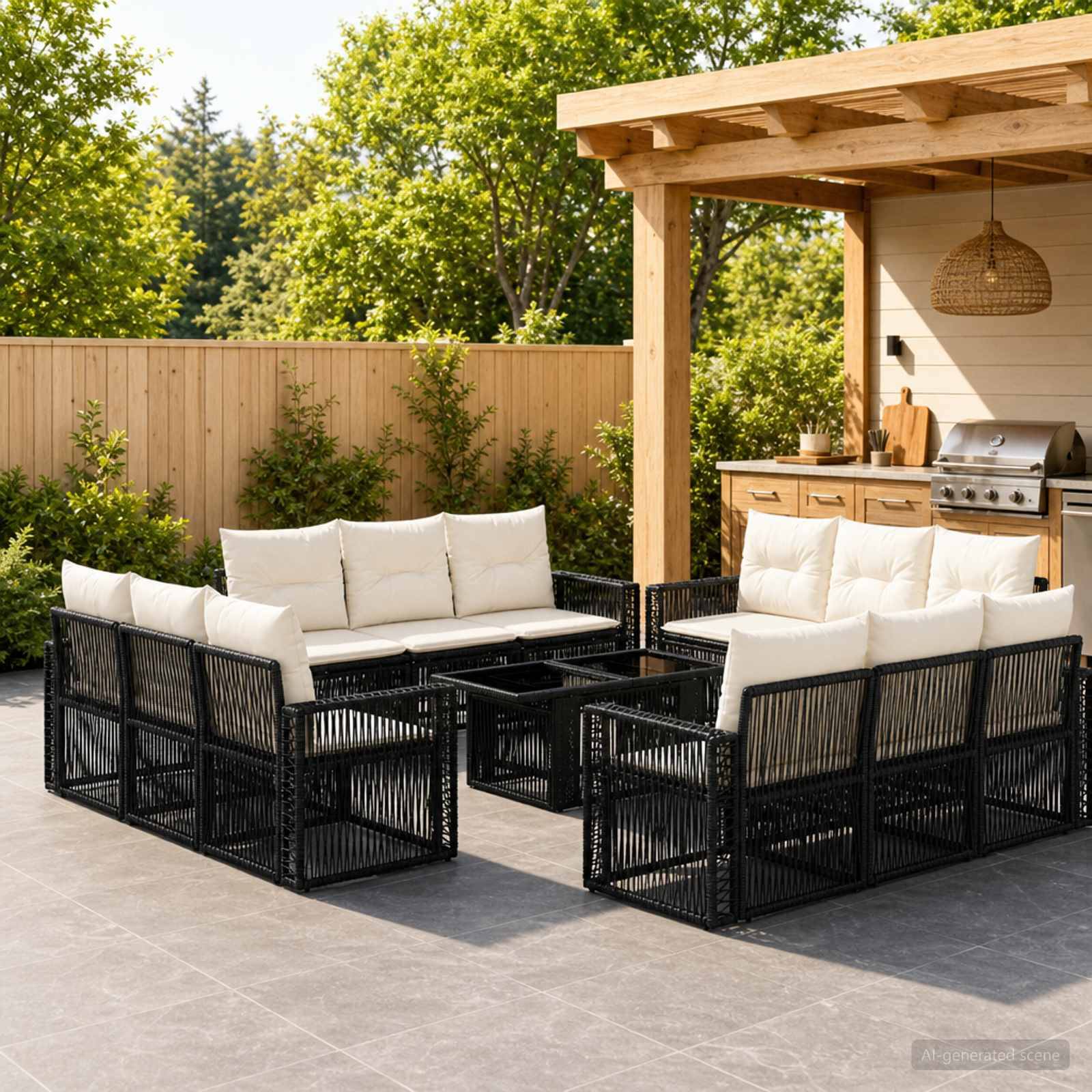 Überdachte Terrasse mit schwarzem Rattanmöbel und weißen Kissen, die um einen kleinen Tisch angeordnet sind, neben einem abgedeckten Grillbereich und einer Bar.