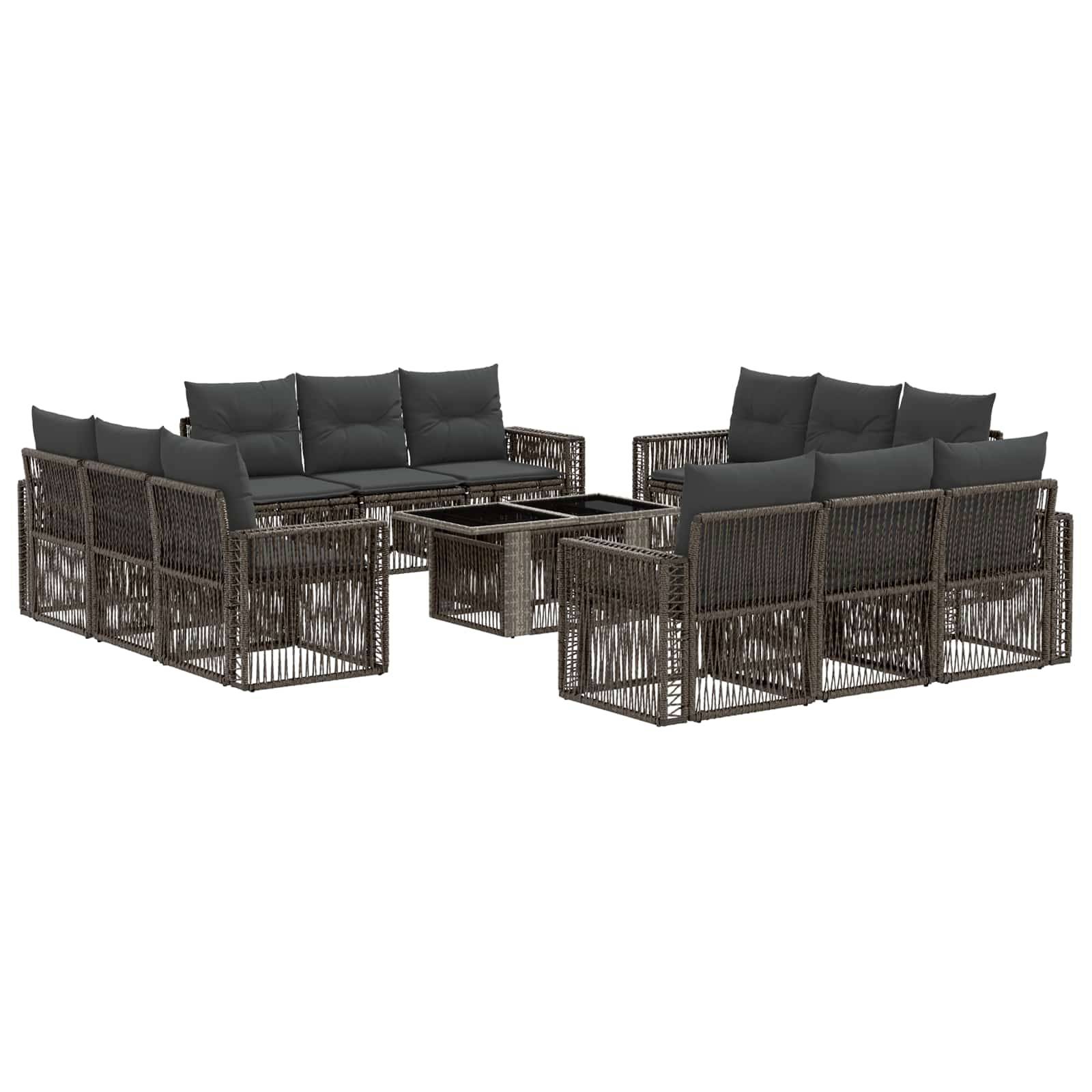 Outdoor-Patio-Ecksofa-Set mit zwei dunkelgewebten Sesseln, zwei Zweisitzern und einem Glastisch.