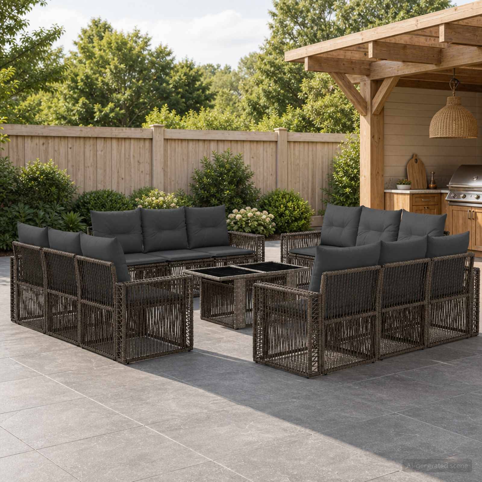 Sitzgruppe für die Terrasse im Freien mit dunklen Rattanmöbeln, Stühlen und einem Glastisch neben einer Holzlaube und einem Grillbereich.