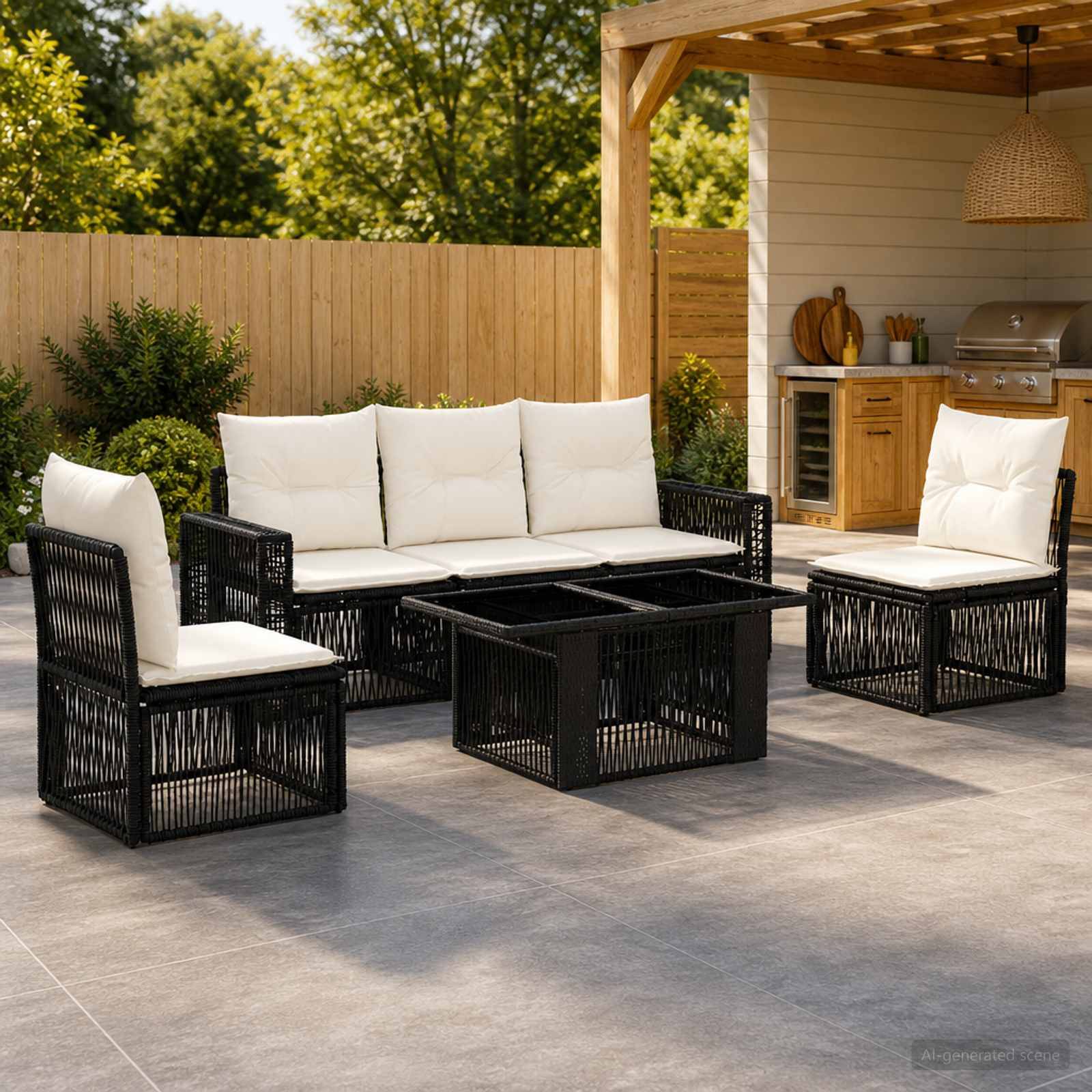 Gartenmöbel-Set für die Terrasse mit schwarzen Flechterstühlen, Sofa, Couchtisch und weißen Kissen neben einer Pergola im Hinterhof und einem Grillbereich.