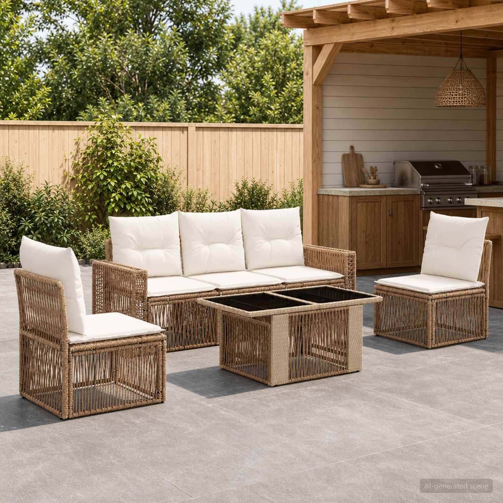 Gartenmöbelset für die Terrasse mit Korbsofa, zwei Stühlen und Glastisch neben einer Außenküche im Garten und Holzzaun.