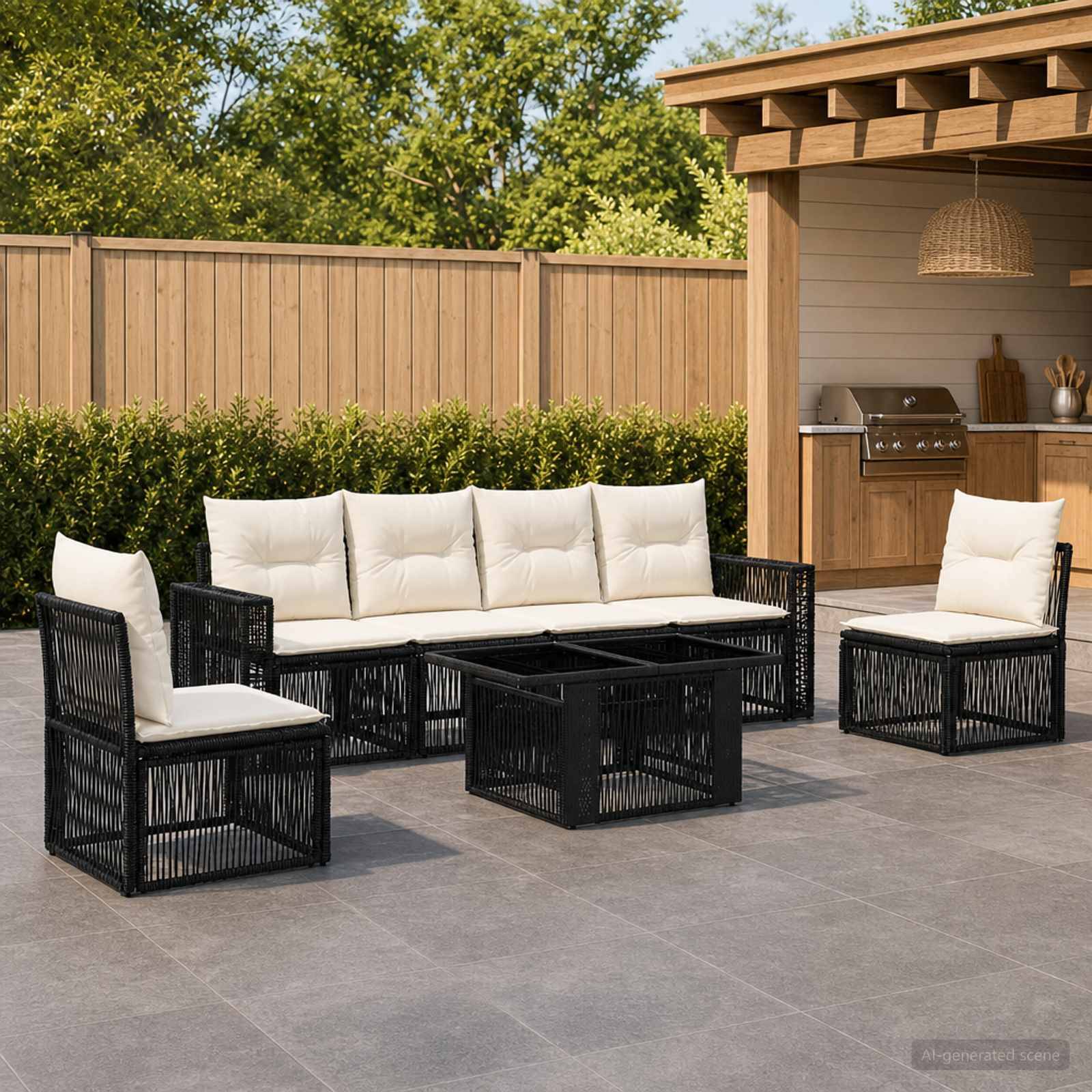 Gartenmöbelset im Freien mit schwarzem geflochtenem Sofa, zwei Stühlen und einem quadratischen Couchtisch auf einer Steinterrasse neben einer Außenküche im Hinterhof.