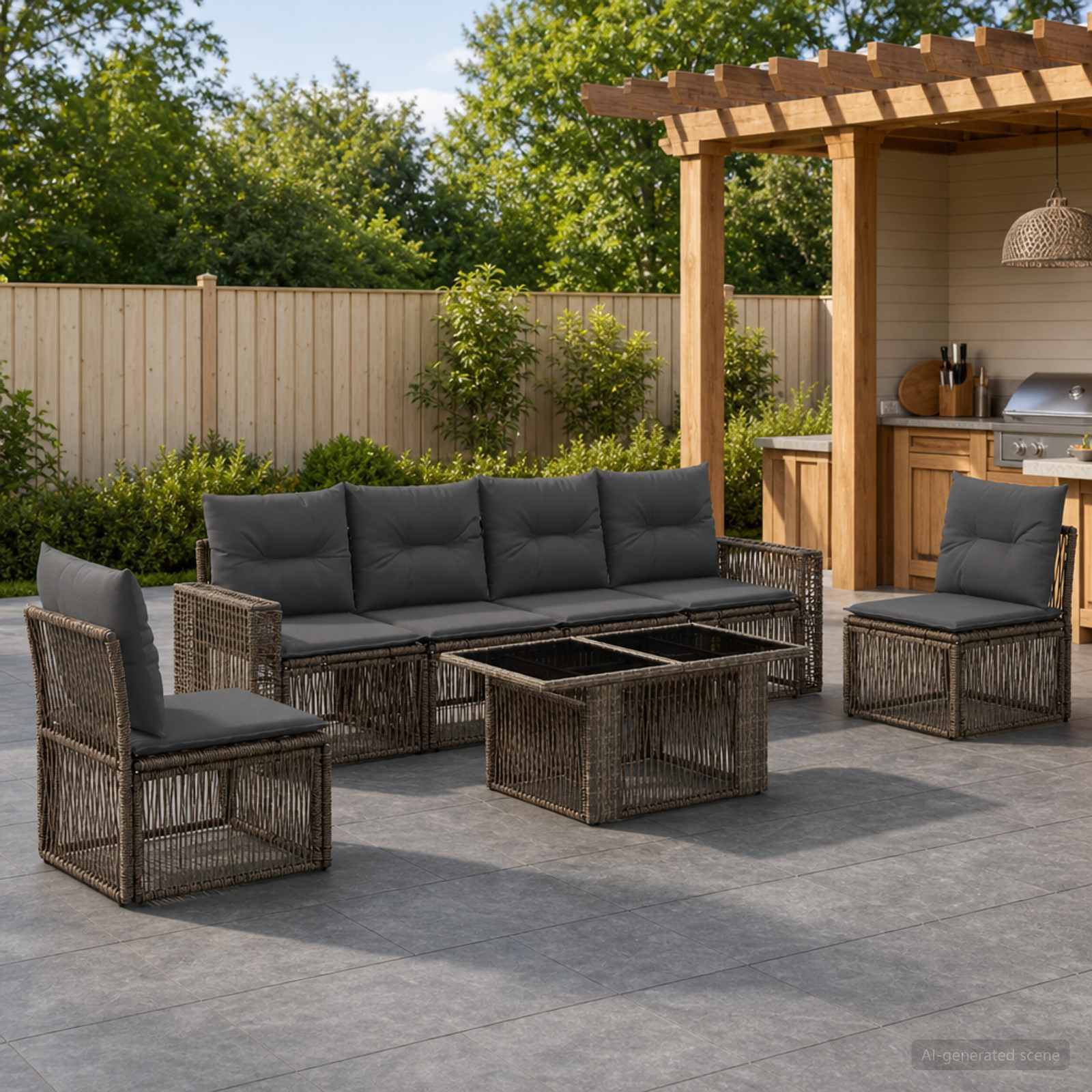 Outdoor-Sitzbereich auf der Terrasse mit Rattansofa, Stühlen und Couchtisch neben einer Holzpergola und einer Außenküche.