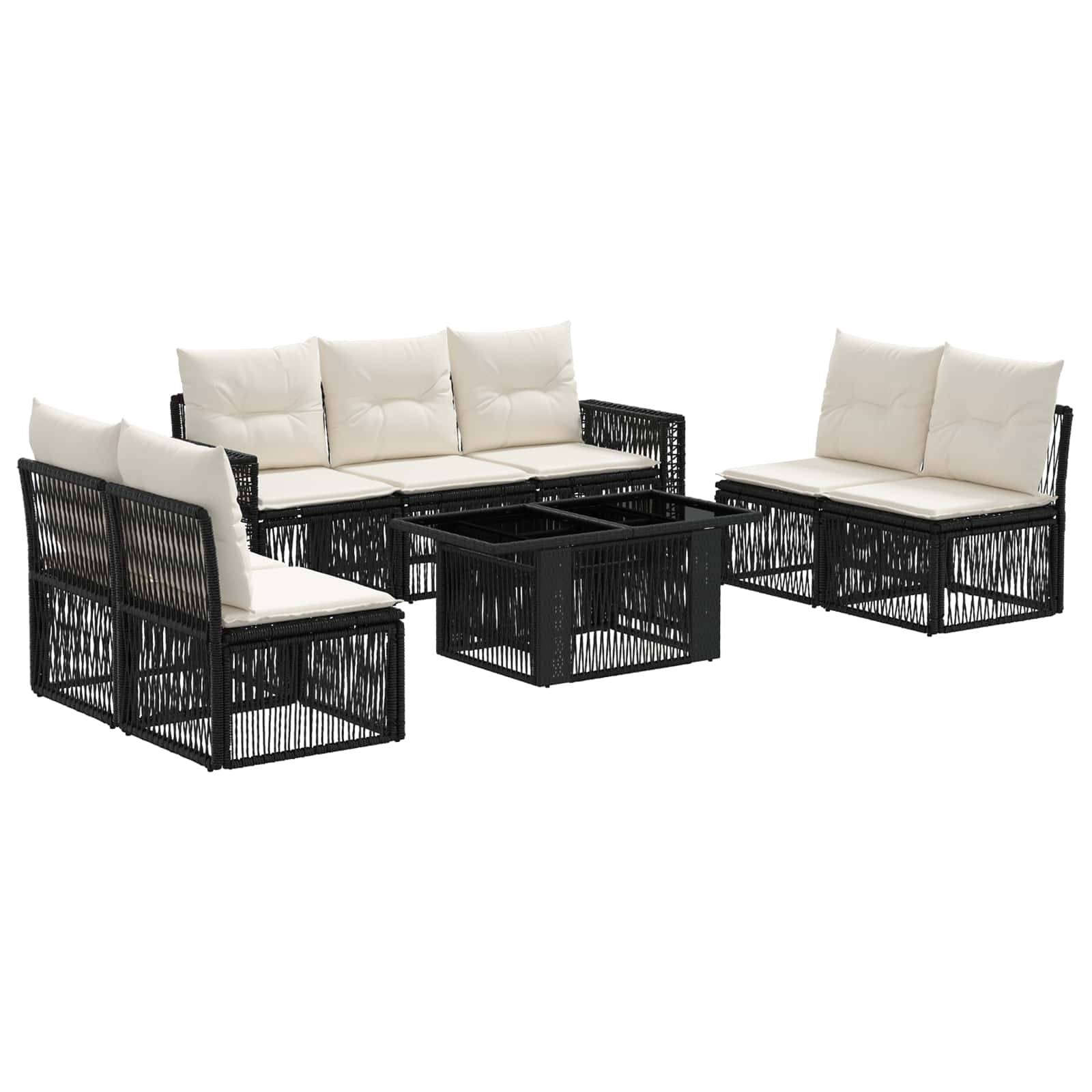 Outdoor-Terrassenmöbelset mit schwarzen geflochtenen Rahmen und beigen Kissen, angeordnet um einen quadratischen Couchtisch auf weißem Hintergrund.