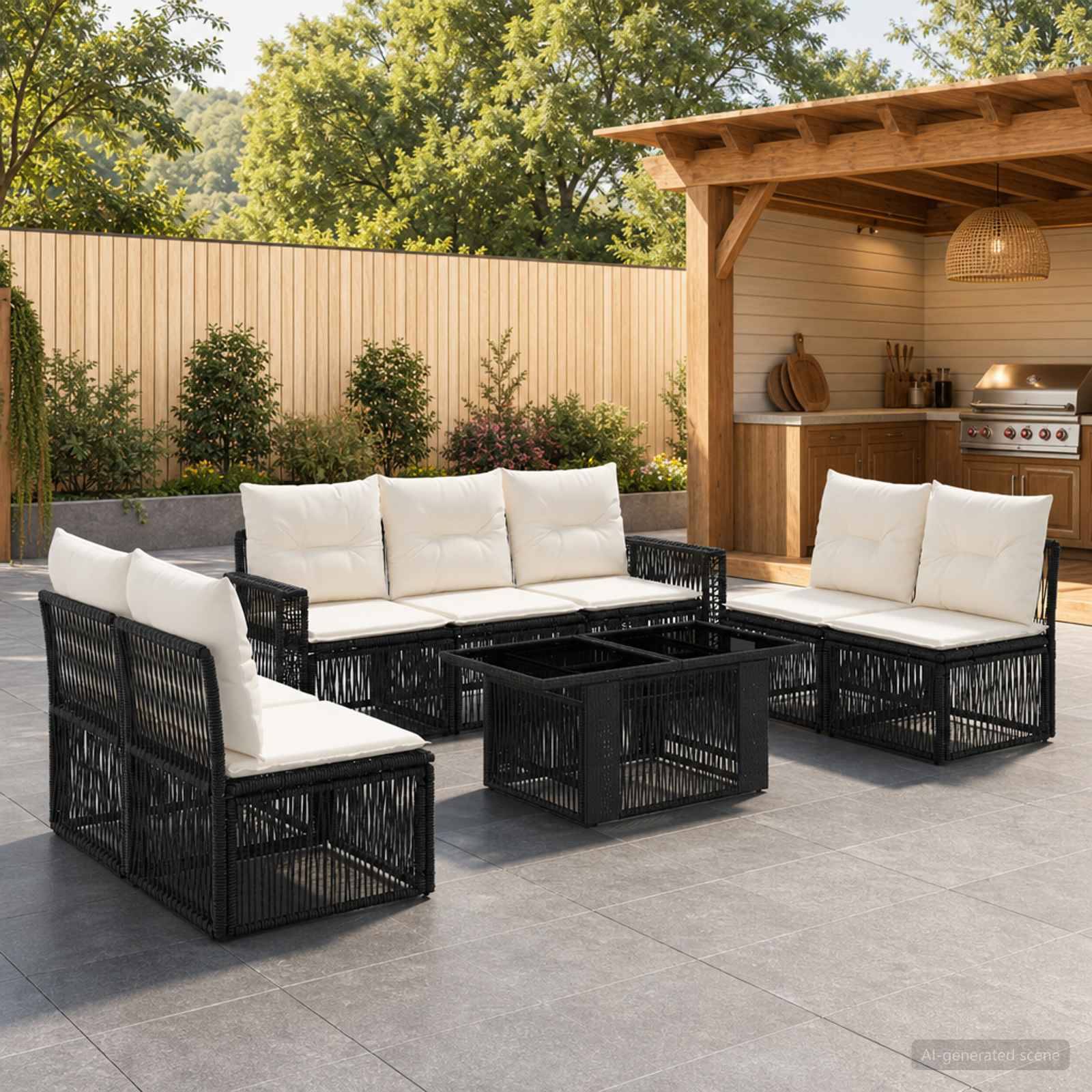 Schwarze Rattan-Außensitzgruppe mit weißen Kissen und zwei Couchtischen auf einer Terrasse neben einer hölzernen Gartenküchen-Bar angeordnet.