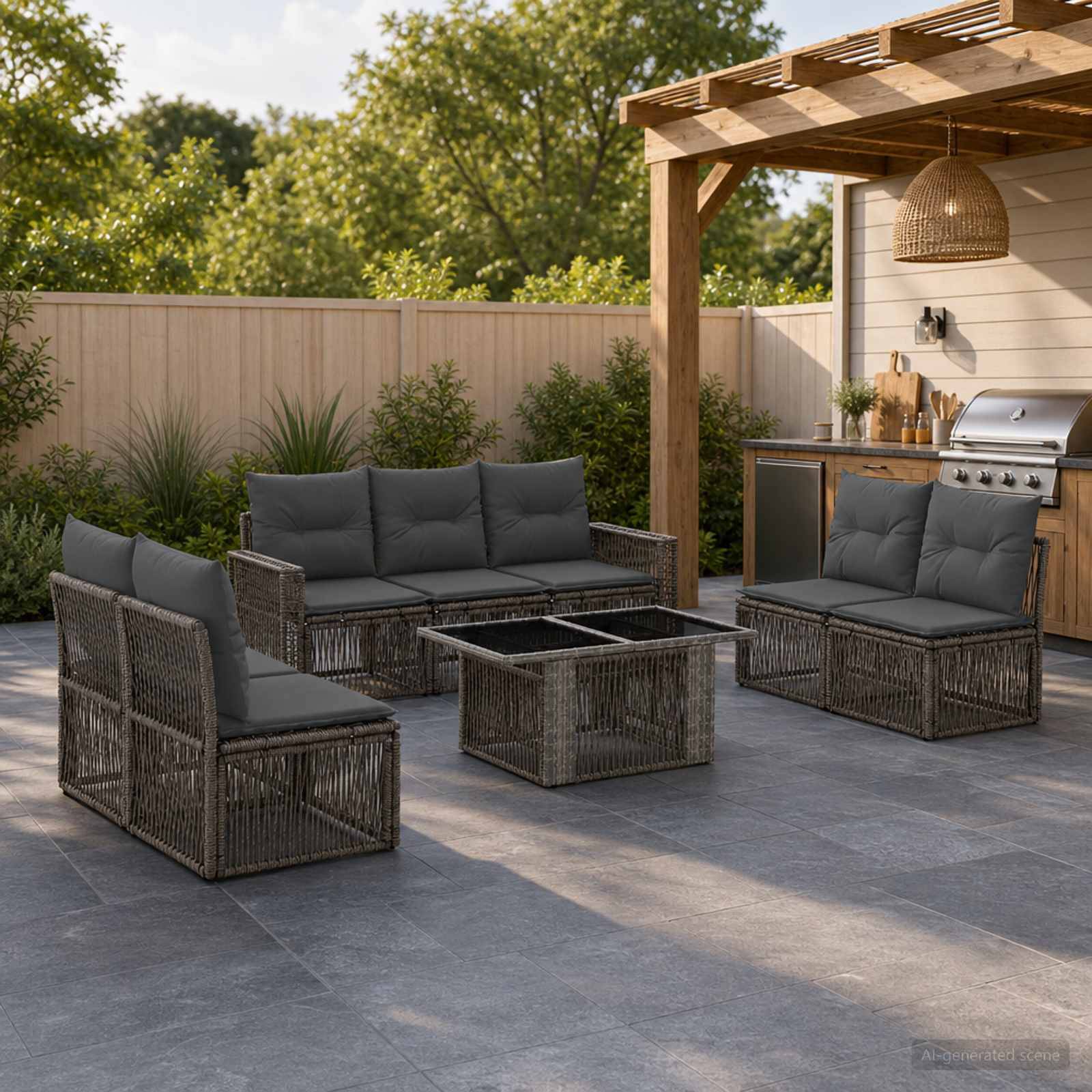 Außenbereich mit Terrassensitzplatz, Rattansofa, Stühlen und Couchtisch neben einer mit einer Pergola überdachten Grillstation im Hinterhof.