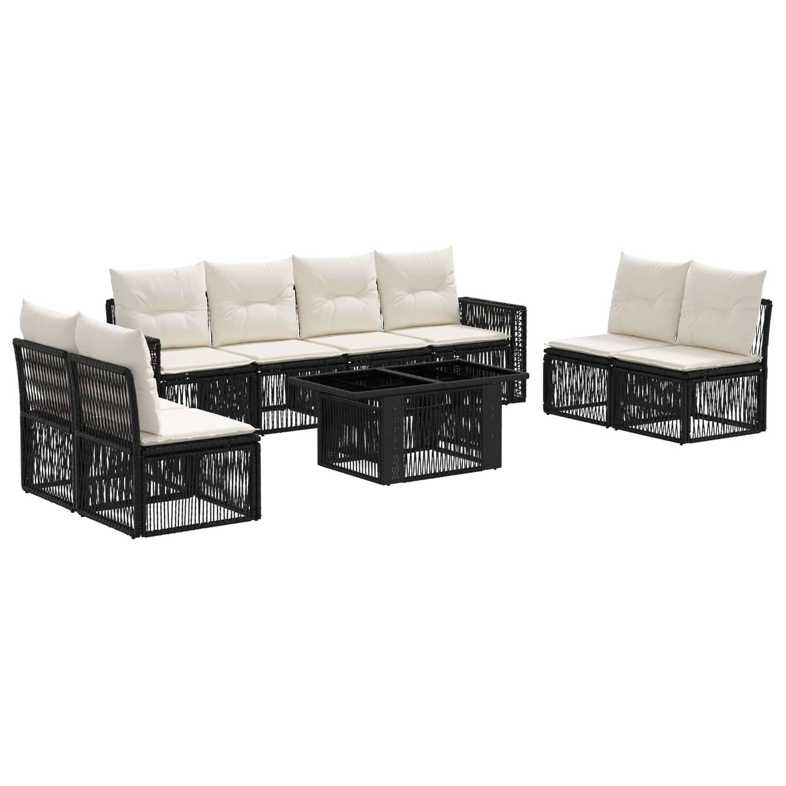 Schwarzes Rattan-Außensektor-Sofaset mit cremefarbenen Kissen, einschließlich eines mittigen Couchtisches und eines separaten Liebessitzes.