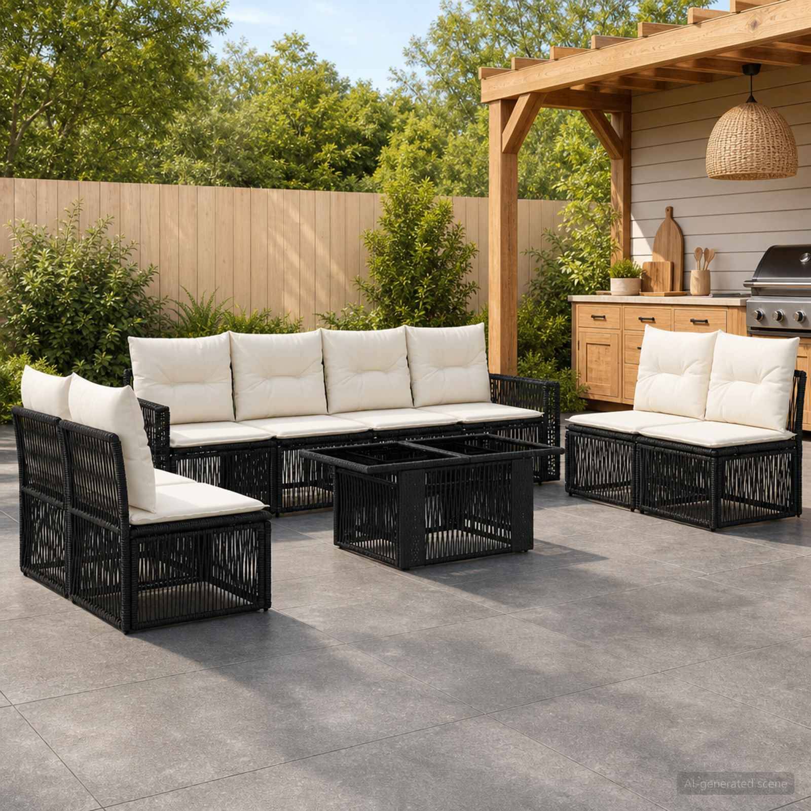 Gartenmöbel-Set im Freien mit schwarzem Rattan-Sofa, Stühlen, Couchtisch und cremefarbenen Kissen neben einer Pergola und Grillstation.