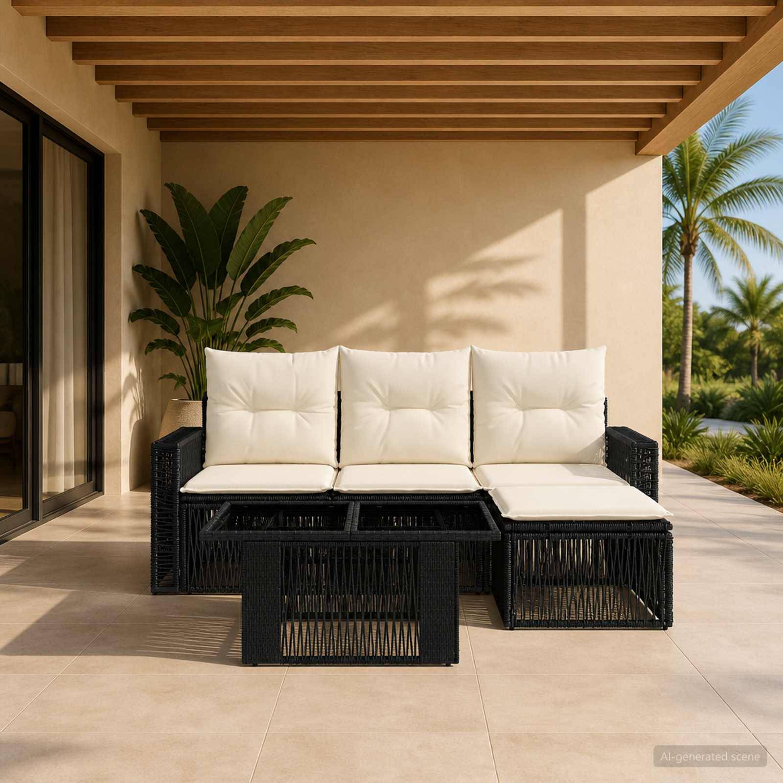 Terrasse im Freien mit schwarzem Rattan-Ecksofa, cremefarbenen Kissen und passenden Couchtischen unter einer Pergola mit tropischer Bepflanzung in der Nähe.