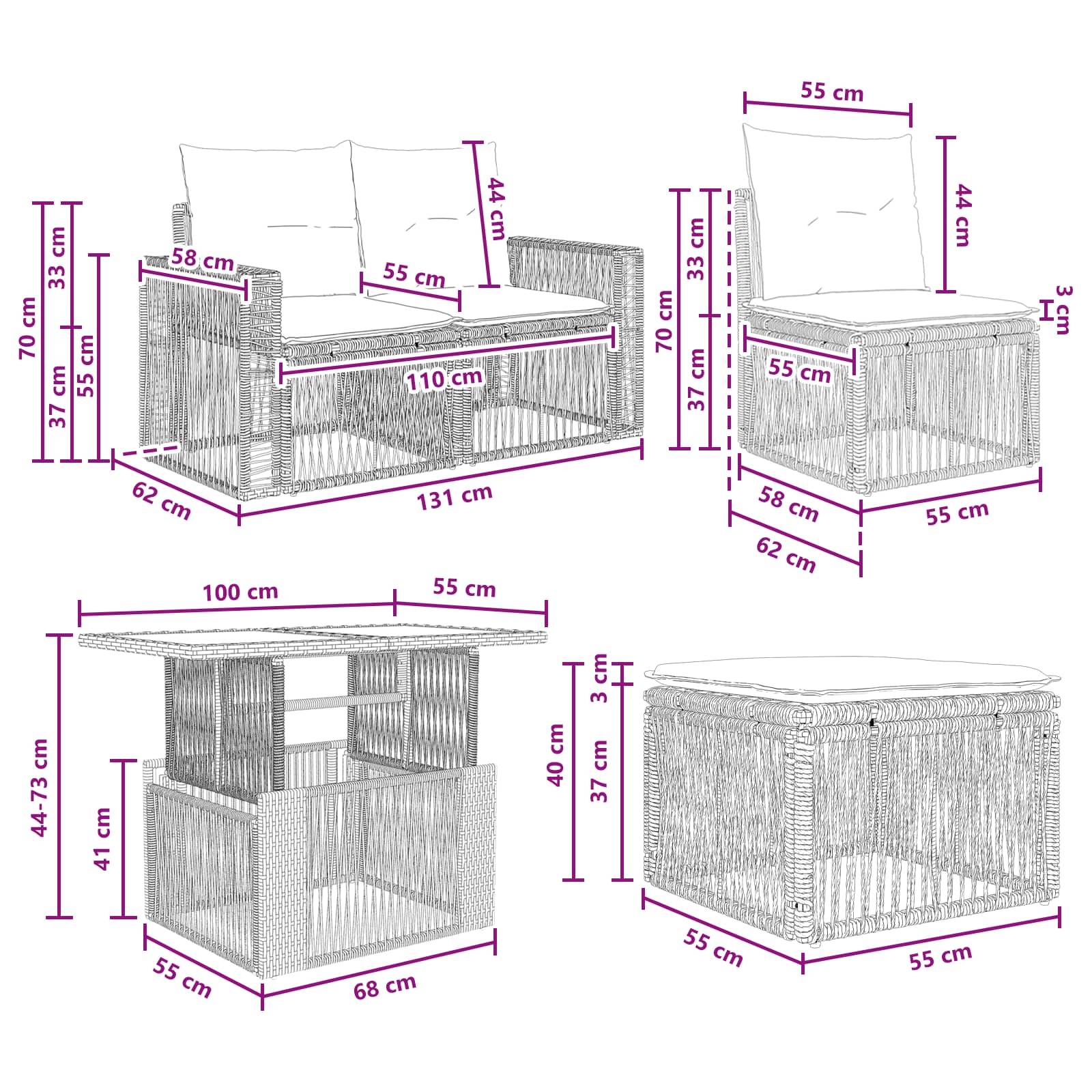 Diagramm von vier Korbmöbeln mit Abmessungen in Zentimetern, das ein Sofa, einen Stuhl, einen Beistelltisch und einen Aufbewahrungshocker mit gekennzeichneter Höhe, Breite und Tiefe zeigt.