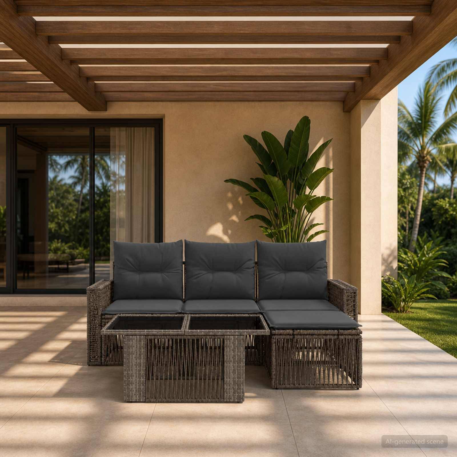 Outdoor-Sitzbereich einer Terrasse mit Rattan-Ecksofa, Couchtischen und Topfpflanzen unter einer Holzpergola, mit Palmen im Hintergrund.