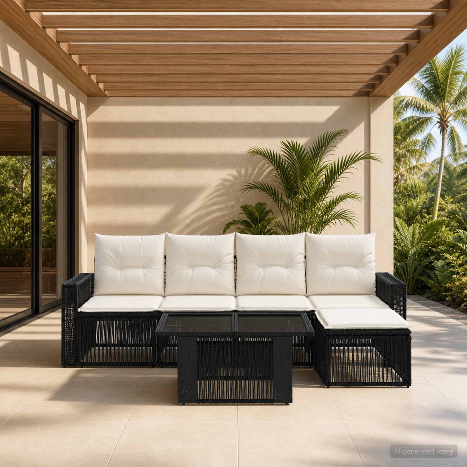 Außenbereich einer Terrasse mit schwarzem Polyrattan-Modulsofa, weißen Kissen, Couchtisch und Pergola neben tropischen Pflanzen und Glasschiebetür.