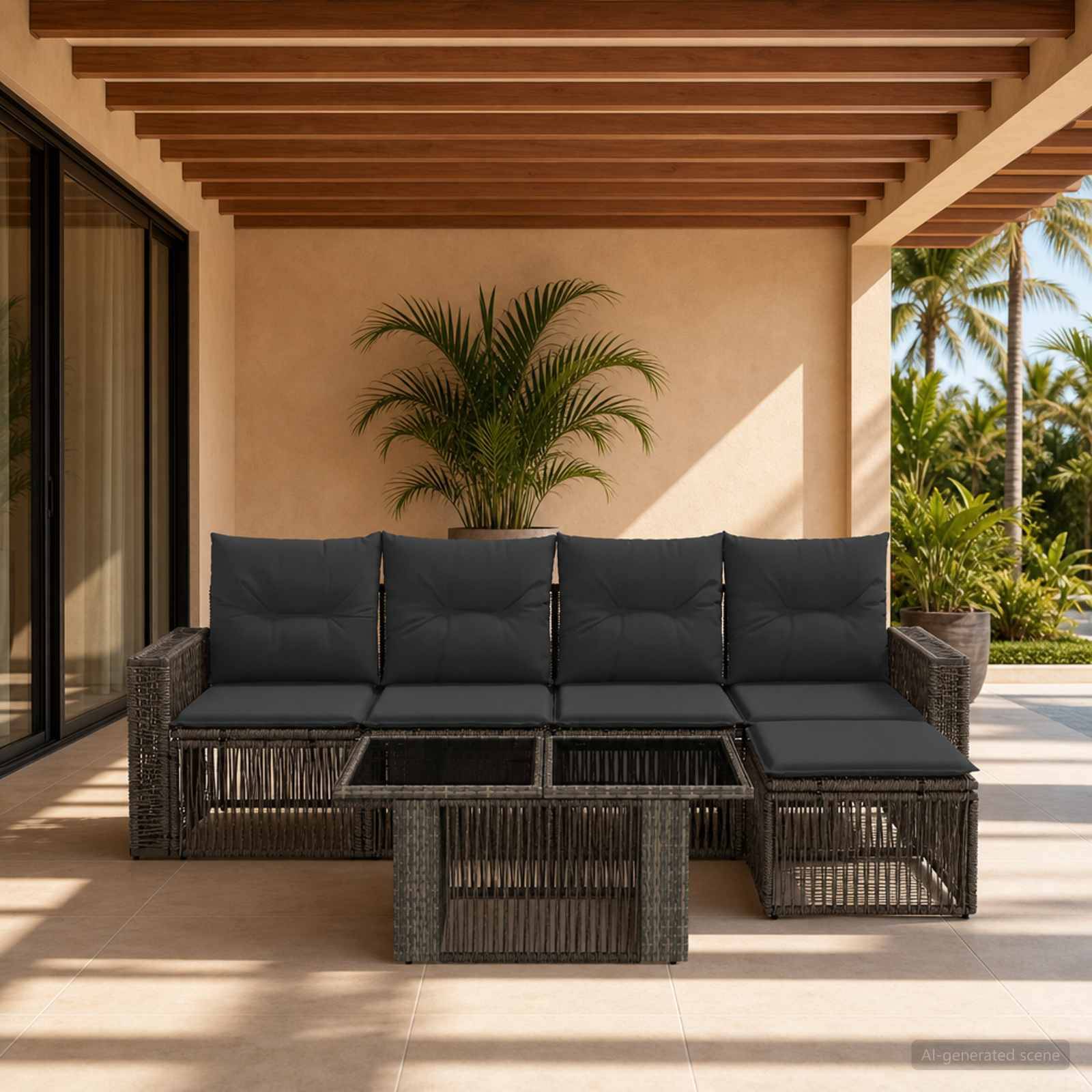 Outdoor-Sitzbereich auf der Terrasse mit einem dunklen Rattan-Ecksofa, passenden Couchtischen und einer Topfpalme unter einer Holzpergola.
