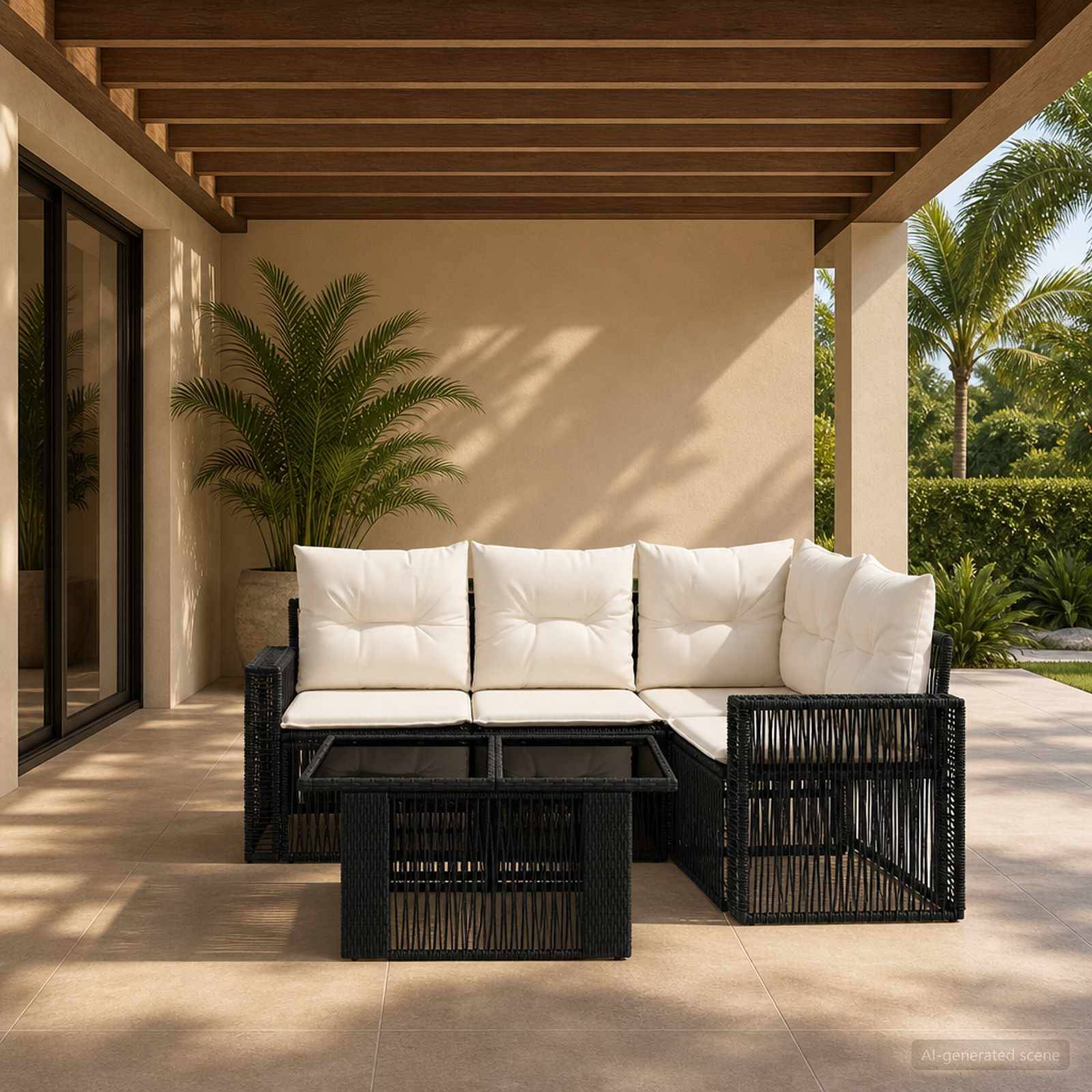 Außenterrasse mit schwarzem Rattan-Ecksofa und weißen Kissen, Glaskaffeetisch, unter einer Holzbalken-Pergola mit Topfpflanzen und Sonnenlichtschatten.