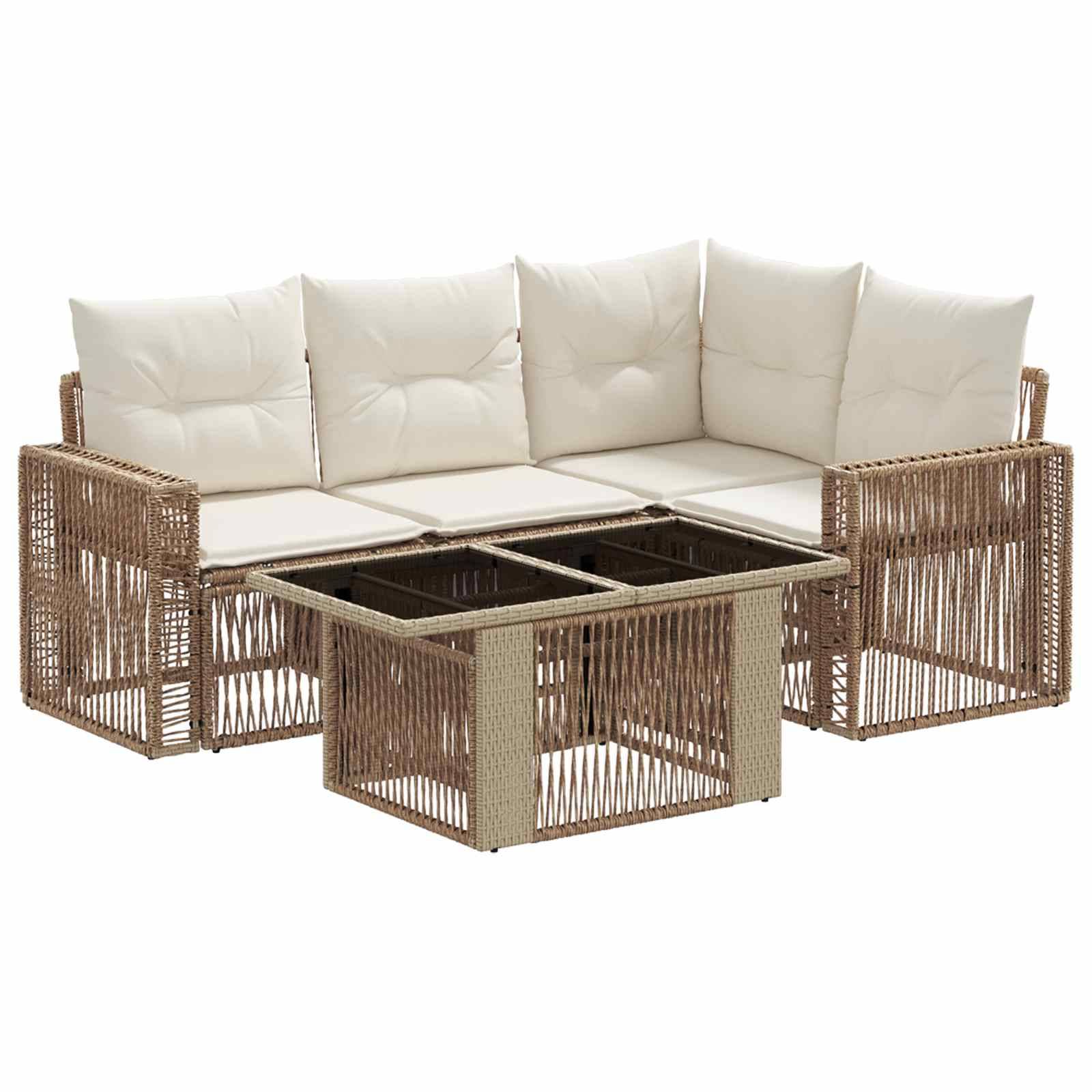 Wickel-Außensektionalsofa mit cremefarbenen Kissen und einem passenden Couchtisch mit Hubtischplatte auf weißem Hintergrund.