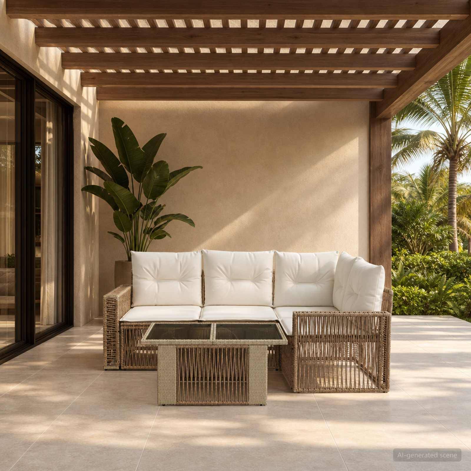 Outdoor-Terrasse mit Korbsofa, Glascouchtisch und Topfpflanze unter einer Holzpergola mit Blick auf üppiges tropisches Grün und Palmen.