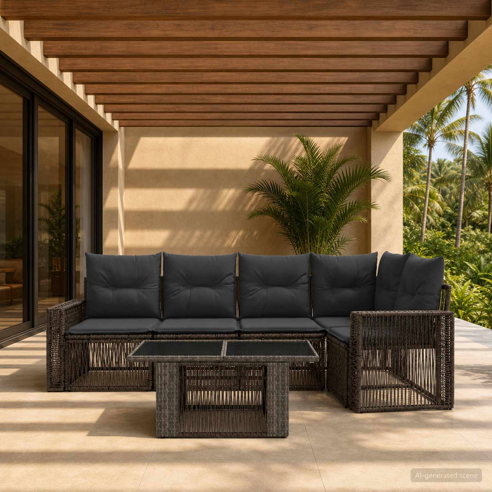 Überdachte Terrasse mit dunklem Rattanecksofa und Couchtisch, mit Blick auf tropische Palmen und Grünflächen im warmen Sonnenlicht.