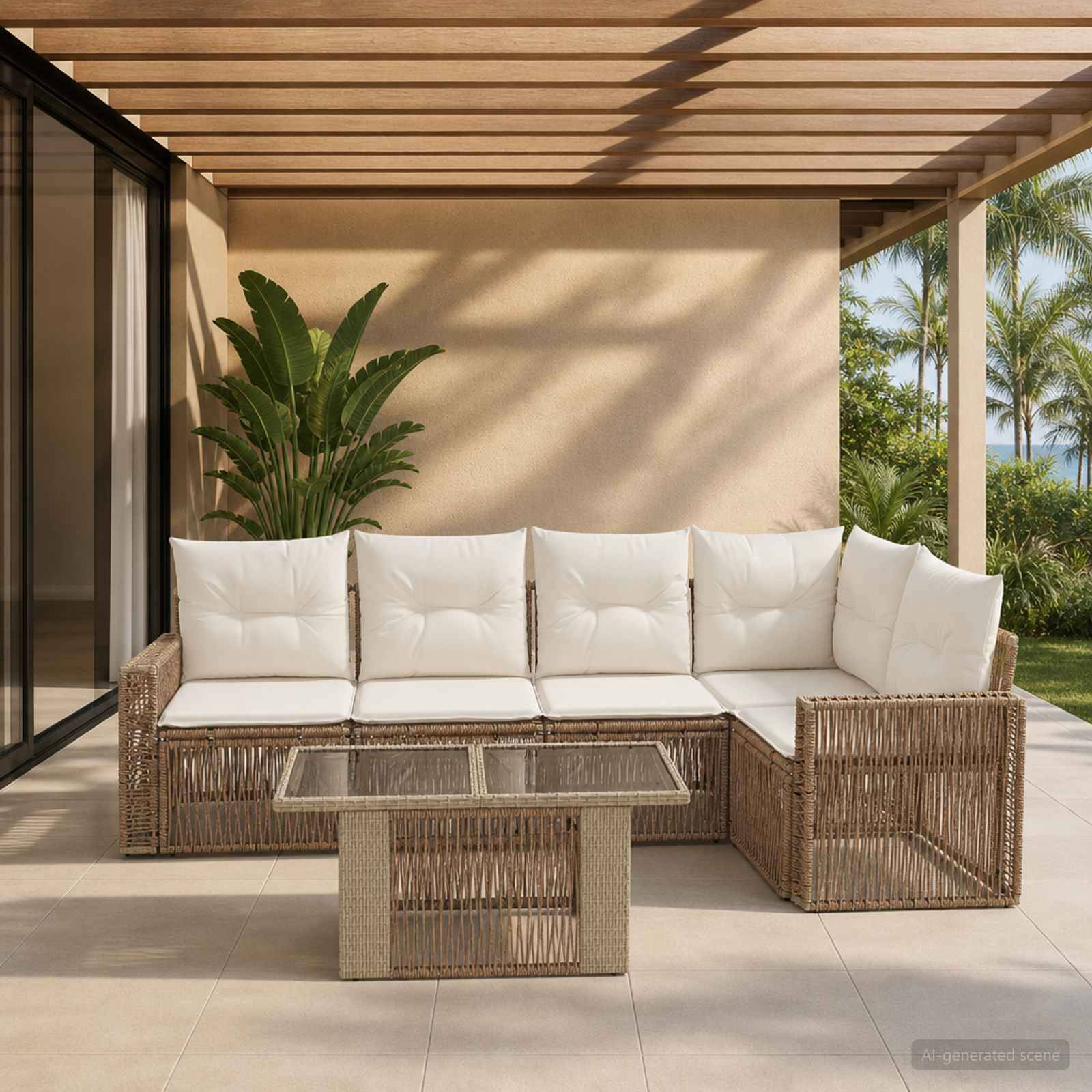 Outdoor-Terrasse mit Rattan-Ecksofa, weißen Kissen, Couchtisch mit Glastablett und Topfpflanze unter einer Lamellenpergola.