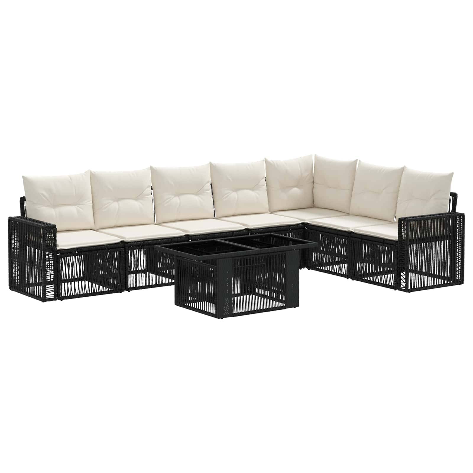 Schwarzes Korbgeflecht-L-förmiges Ecksofa mit cremefarbenen Kissen und passendem Glastisch auf weißem Hintergrund.
