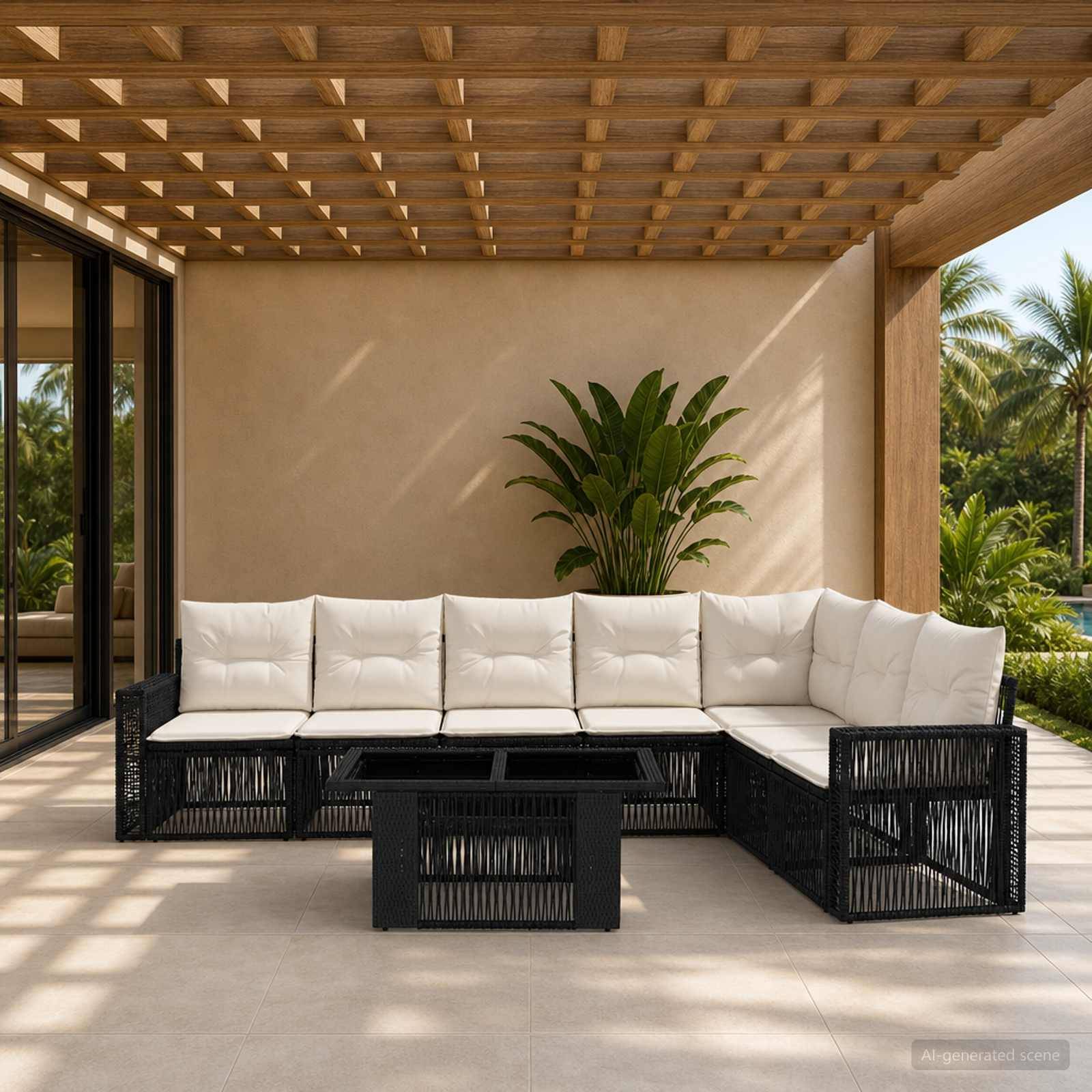Moderne überdachte Terrasse mit schwarzem Rattan-Ecksofa und Couchtisch, beigen Kissen, Topfpalme und offener Aussicht auf tropische Grünflächen.