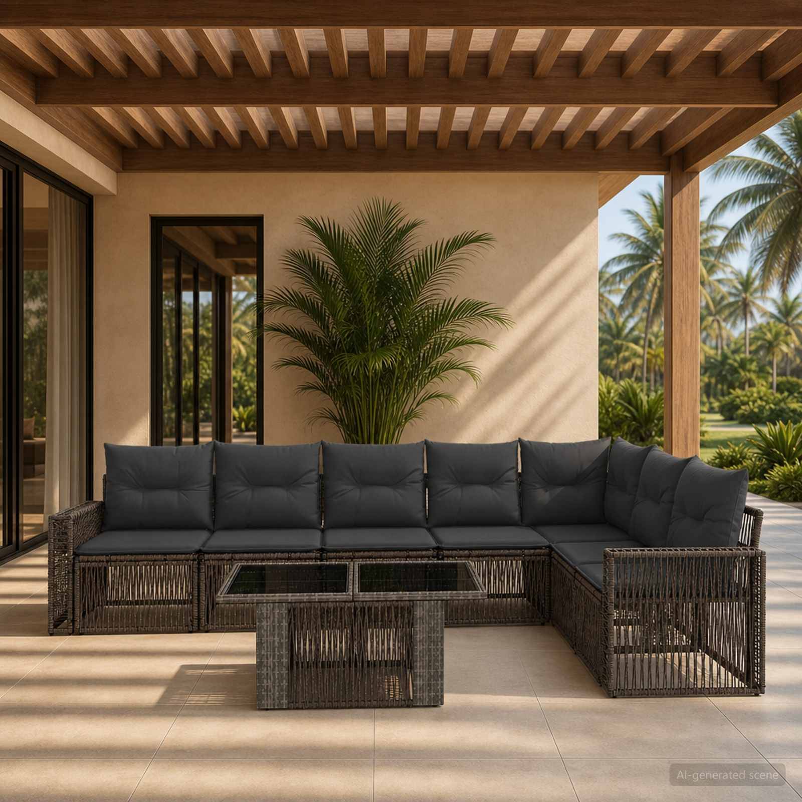 Überdachte Terrasse mit dunklem Rattan-Ecksofa und Glascouchtisch, umrahmt von einem Palmentopf und tropischer Gartenaussicht.
