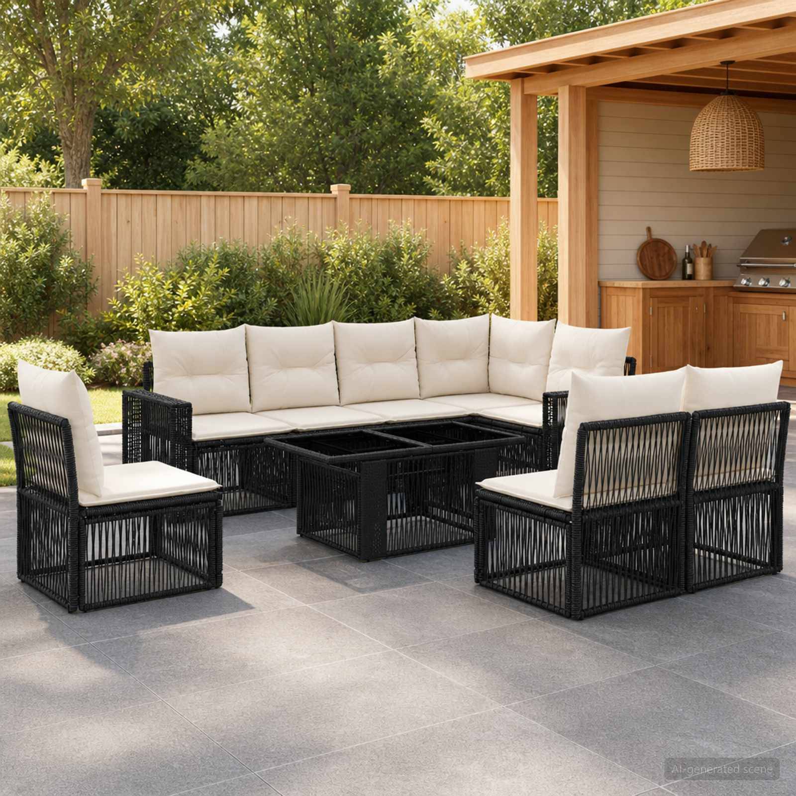 Außensitzbereich mit schwarzem Rattan-Ecksofa, passenden Stühlen und cremefarbenen Kissen neben einer Outdoor-Küche im Hinterhof.