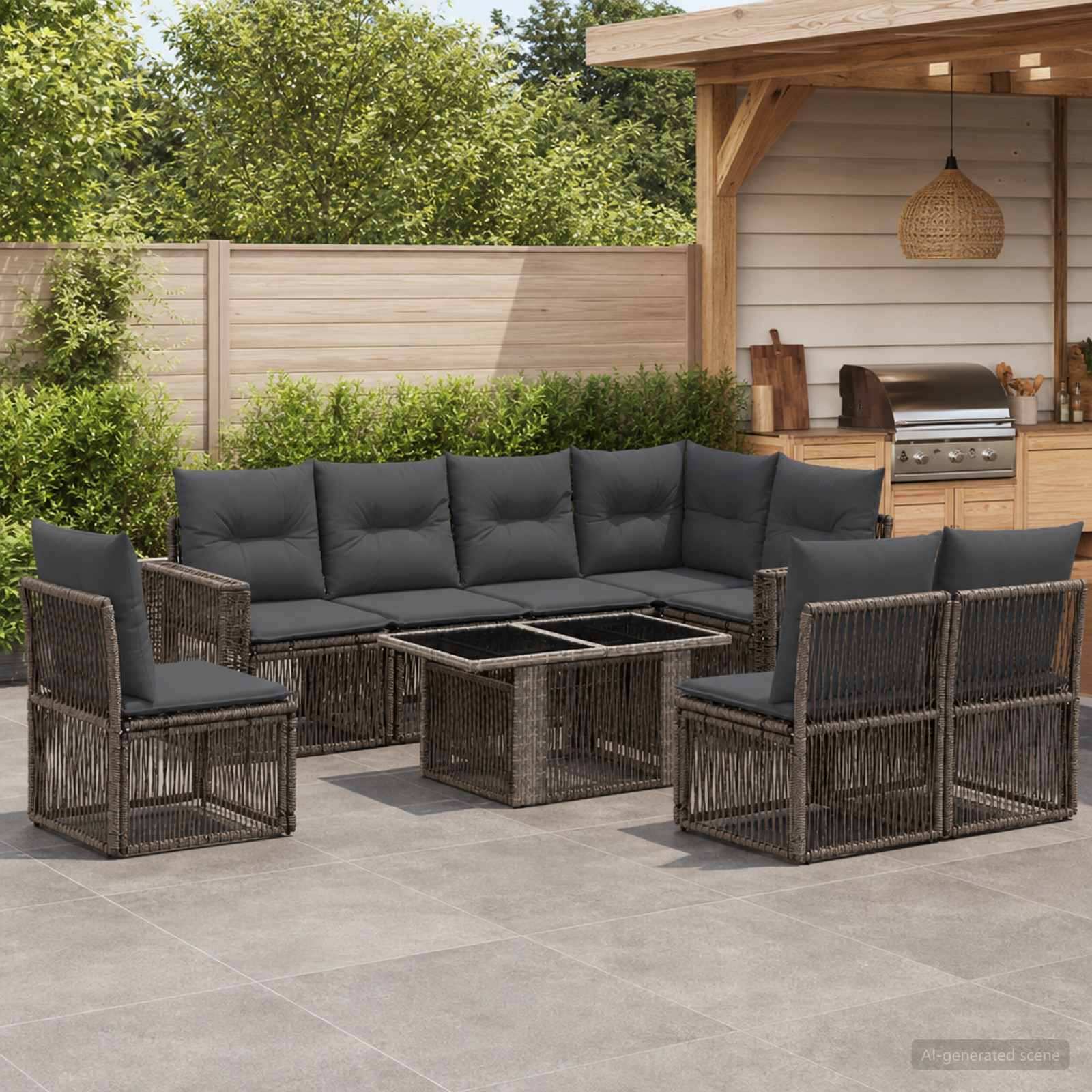Outdoor-Terrassengarnitur mit dunklem Rattansektional, vier Stühlen und Glaskaffeetisch neben einem Grillebereich im Hinterhof.
