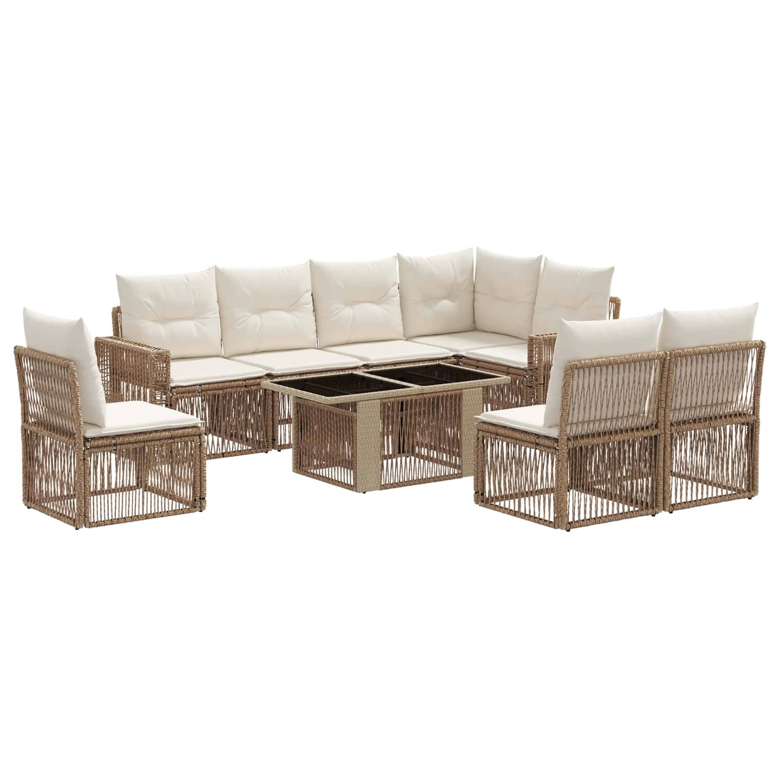 Outdoor-Rattan-Gartenmöbel-Set mit cremefarbenen Kissen, zwei Sesseln und passendem Couchtisch auf weißem Hintergrund