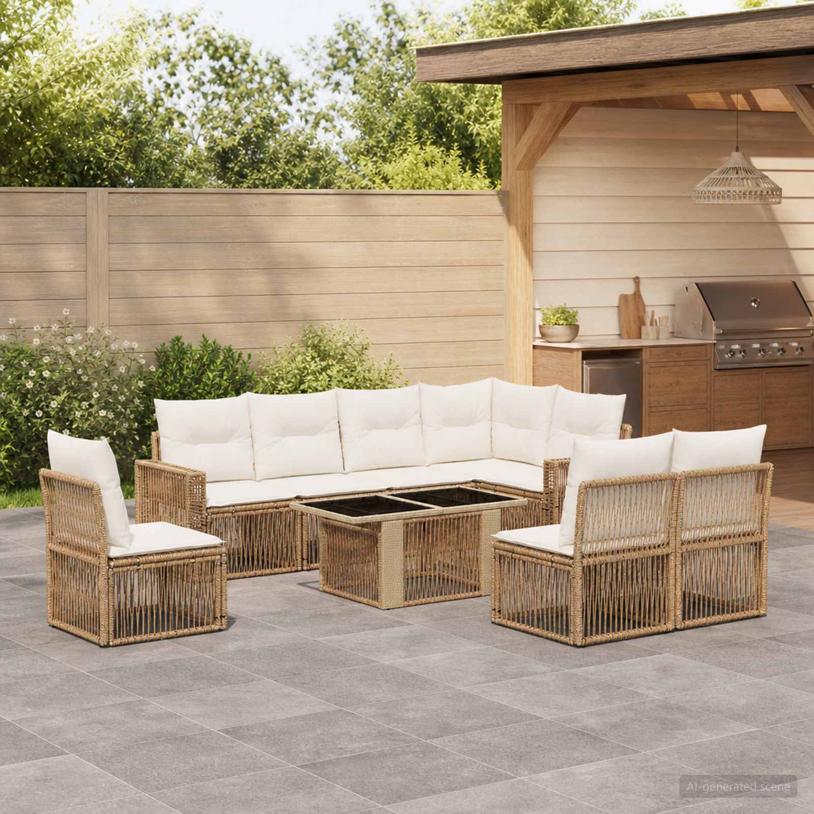 Outdoor-Terrassenbestuhlung mit Rattan-Ecksofa, Sesseln und Couchtisch auf einer gekachelten Terrasse neben einem eingebauten Grillbereich.