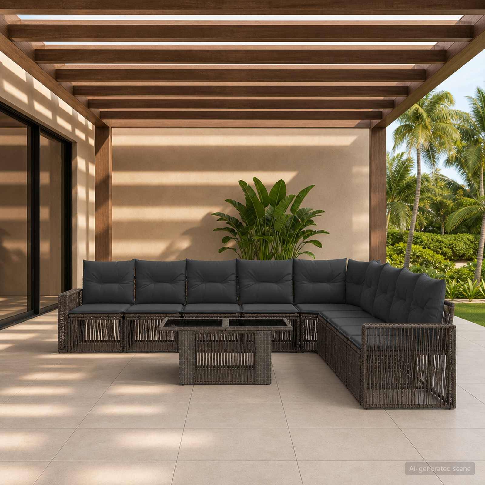 Outdoor-Terrasse mit einem dunklen Korbgeflecht-L-förmigen Ecksofa, Couchtisch, Pergola darüber, Topfpflanze und tropischem Gartenblick.
