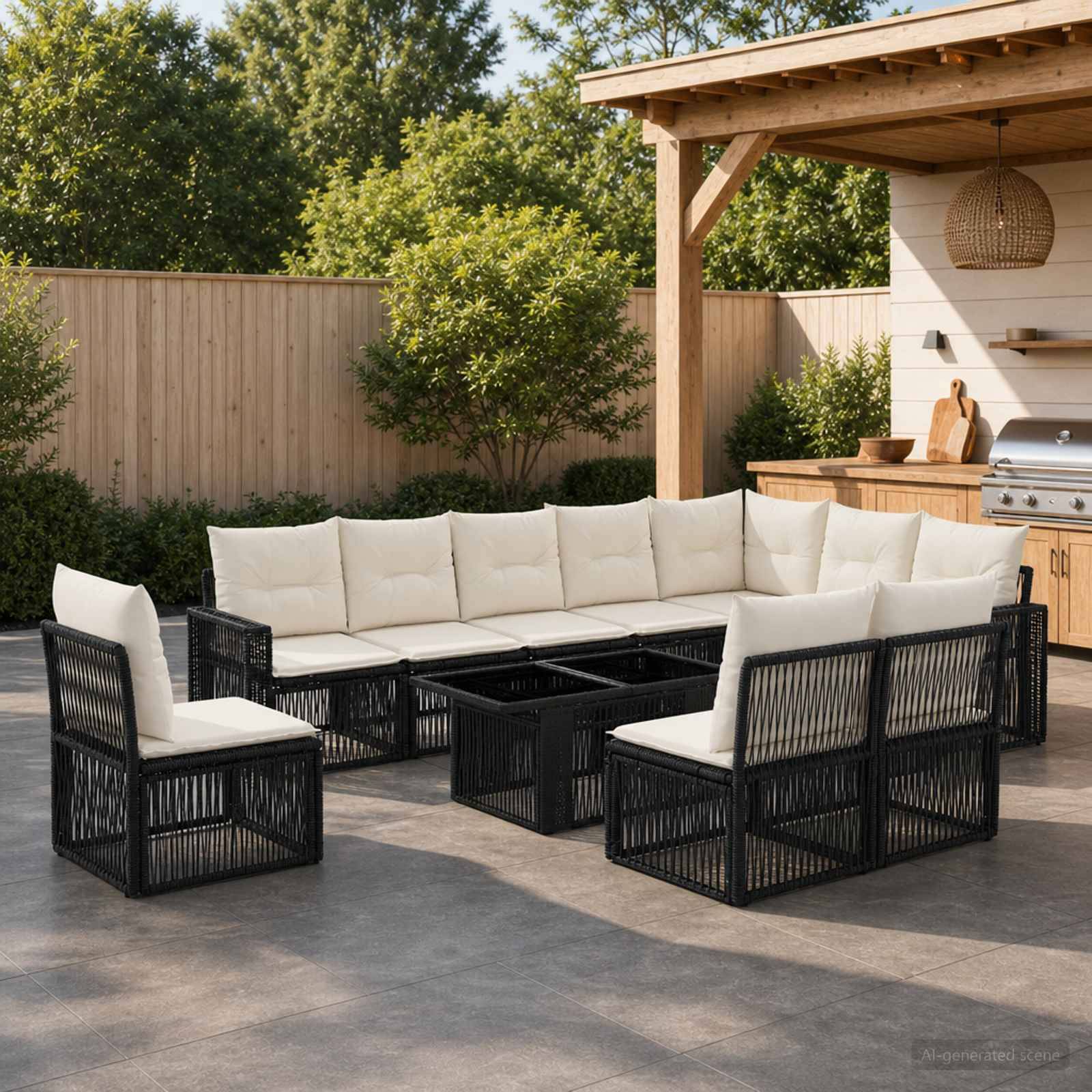 Außenbereich mit Terrassensitzplatz mit schwarzen Rattansektionsstühlen und weißen Kissen um einen zentralen Tisch neben einer überdachten Grillstation.