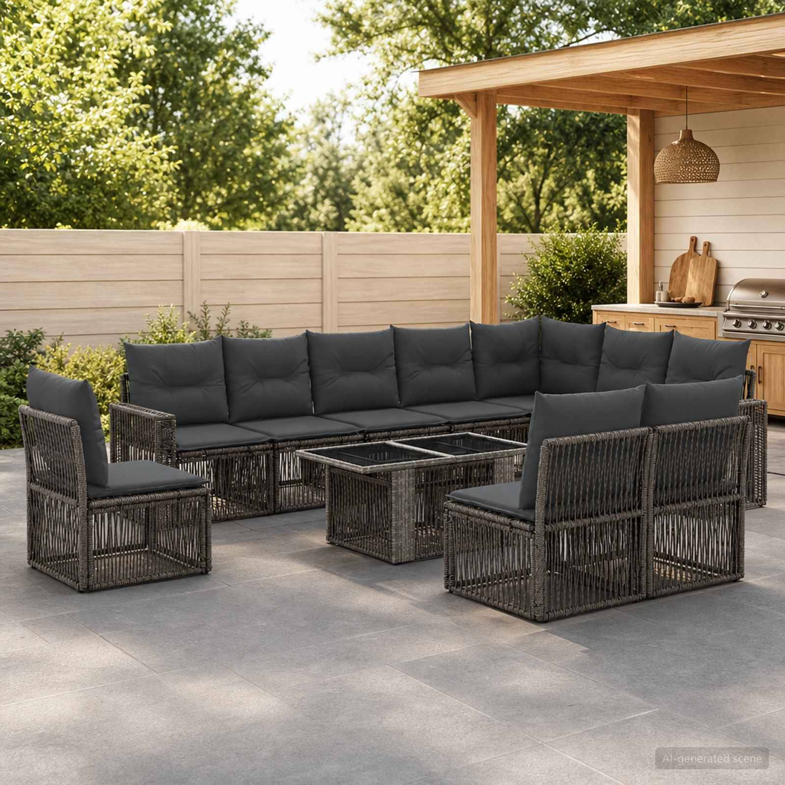 Außensitzmöbel für die Terrasse mit dunklem Polyrattan-Ecksofa, Stühlen und Glastisch mit Glasplatte auf einer Betonterrasse neben einem überdachten Grillbereich.