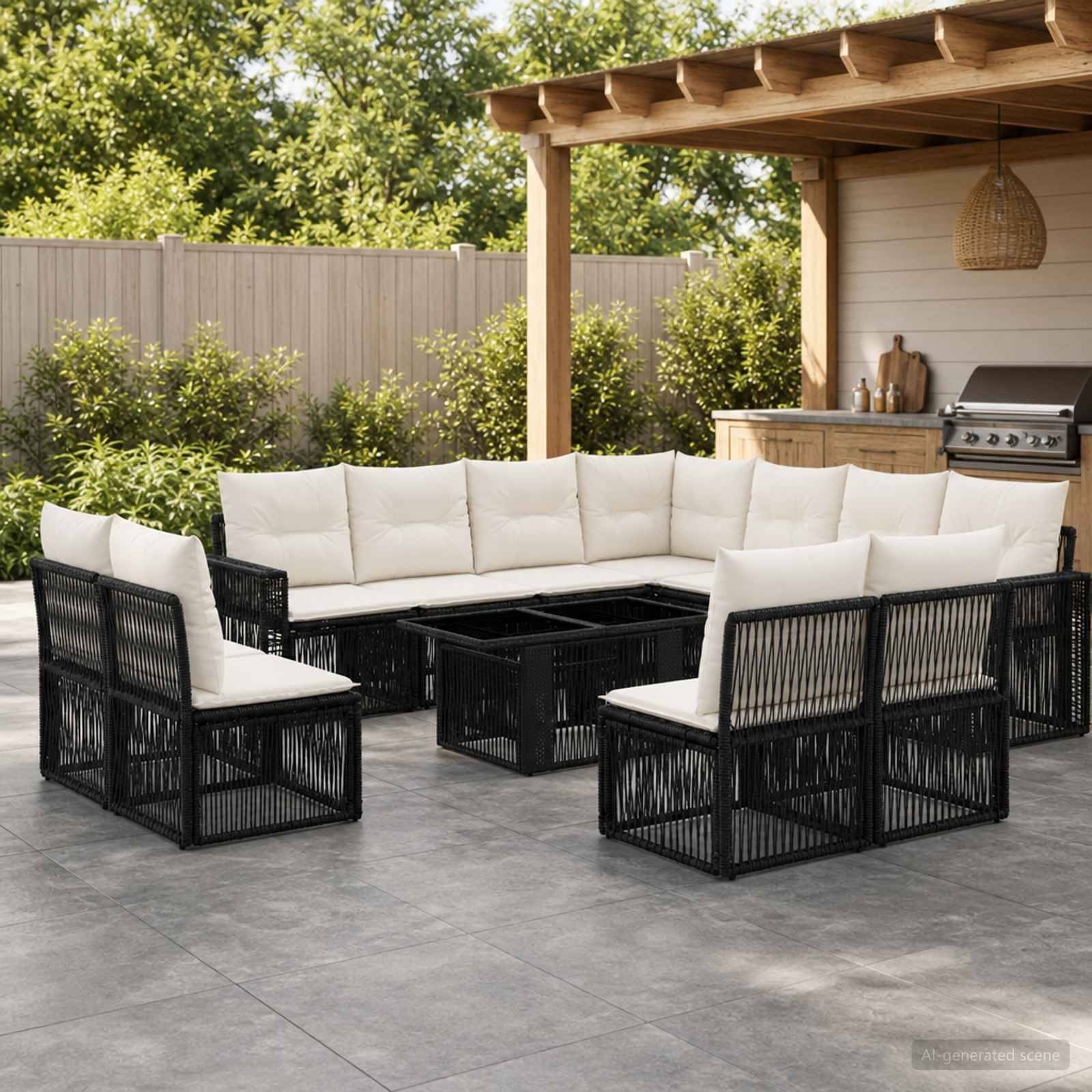 Terrassenbesteck im Freien mit weißen Kissen und schwarzen Rattanrahmen, angeordnet um einen zentralen Feuerstisch unter einer überdachten Pergola.