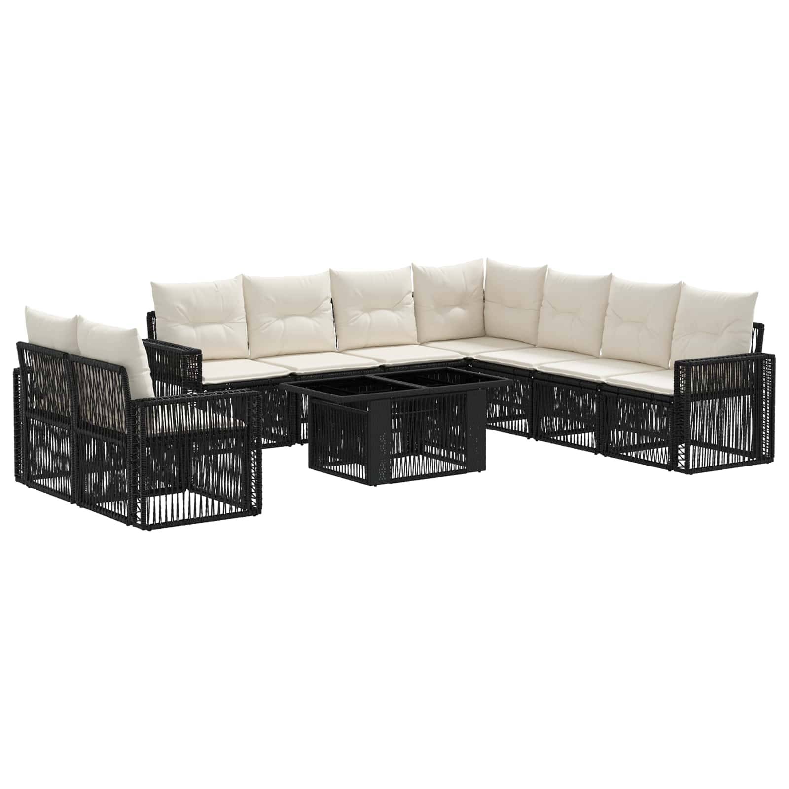 Schwarzes Rattan-L-förmiges Außen-Ecksofa mit beigen Kissen und passendem zentralem Couchtisch auf weißem Hintergrund.