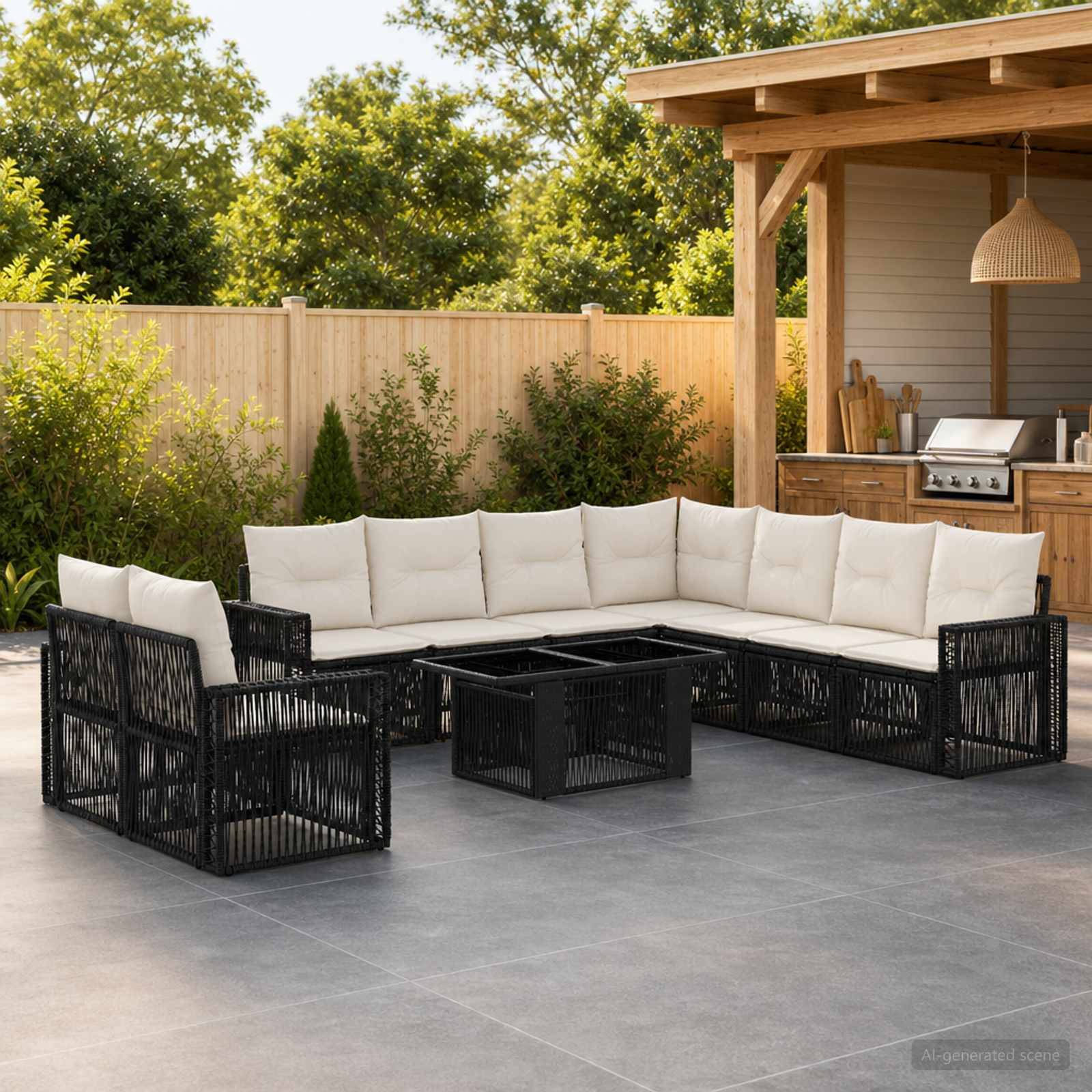 Outdoor-Terrassensitzgruppe mit schwarzem Rattan-Ecksofa und cremefarbenen Kissen um einen quadratischen Feuertisch neben einer Pergola mit Außenküche im Hinterhof.