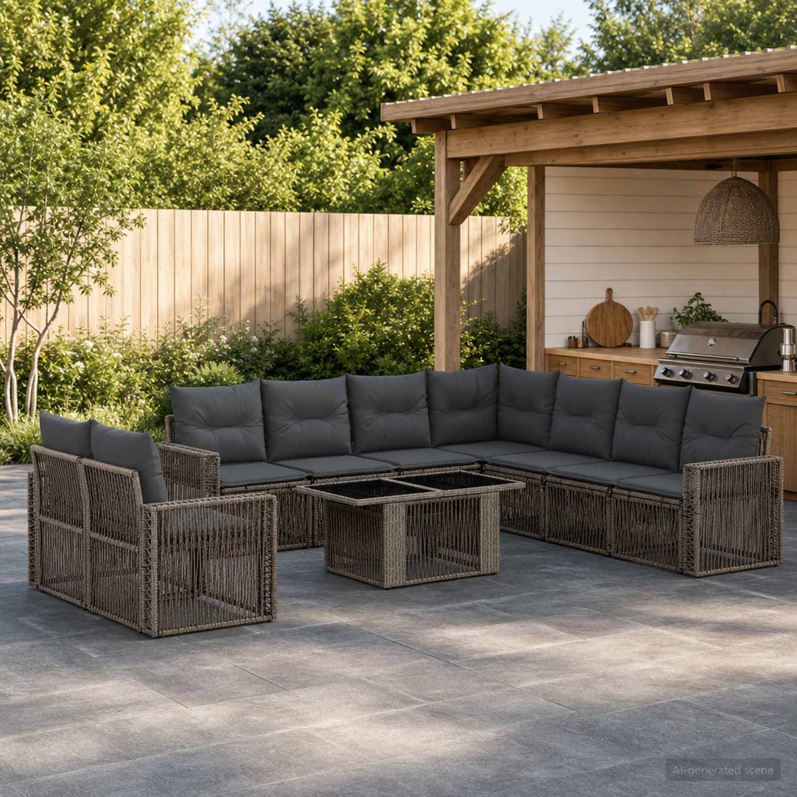 Outdoor-Terrasse mit einem L-förmigen Korbgeflecht-Sektional und Couchtisch unter einer Holzpergola, neben einem Grillbereich im Hinterhof und Zaun.