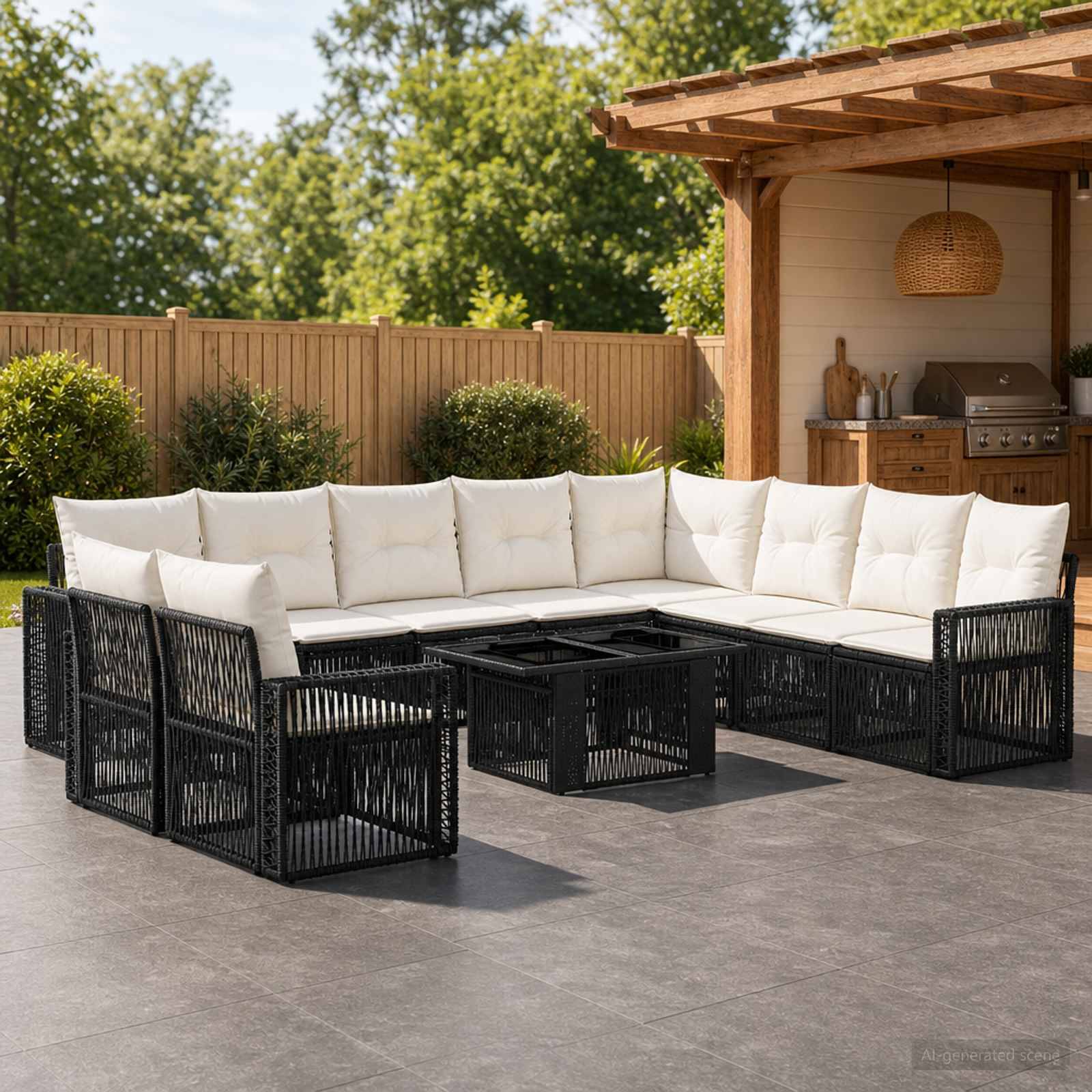 Überdachter Terrassenbereich mit schwarzem Korbgeflecht-Ecksofa und weißen Kissen um passende Tische neben einer Pergola im Hinterhof und einem Grill.