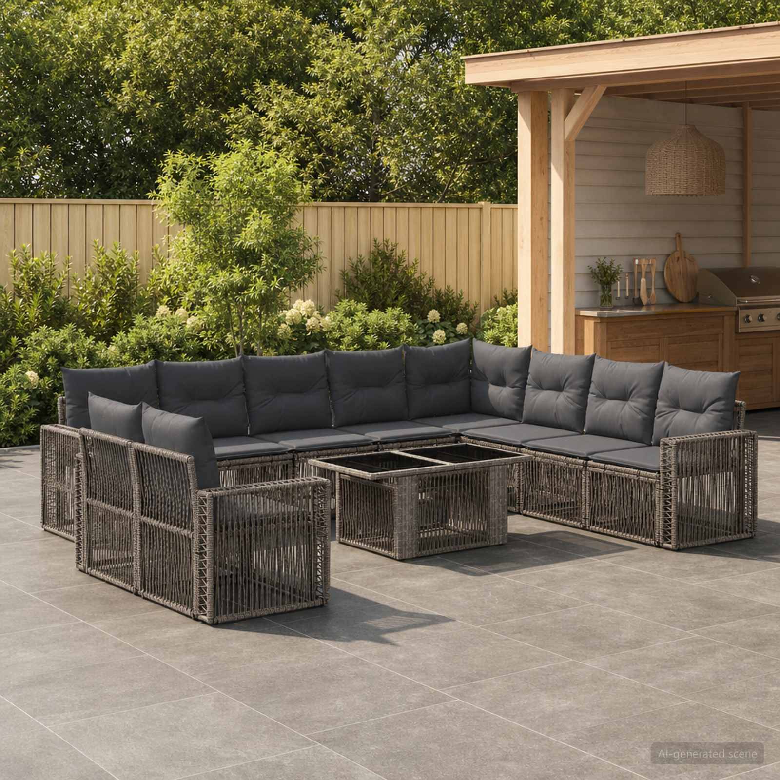 Outdoor-Rattanlounge-Set mit dunklen Kissen, das um einen quadratischen Couchtisch auf einer gekachelten Terrasse neben einem hölzernen Gartenpavillon und Sträuchern angeordnet ist.
