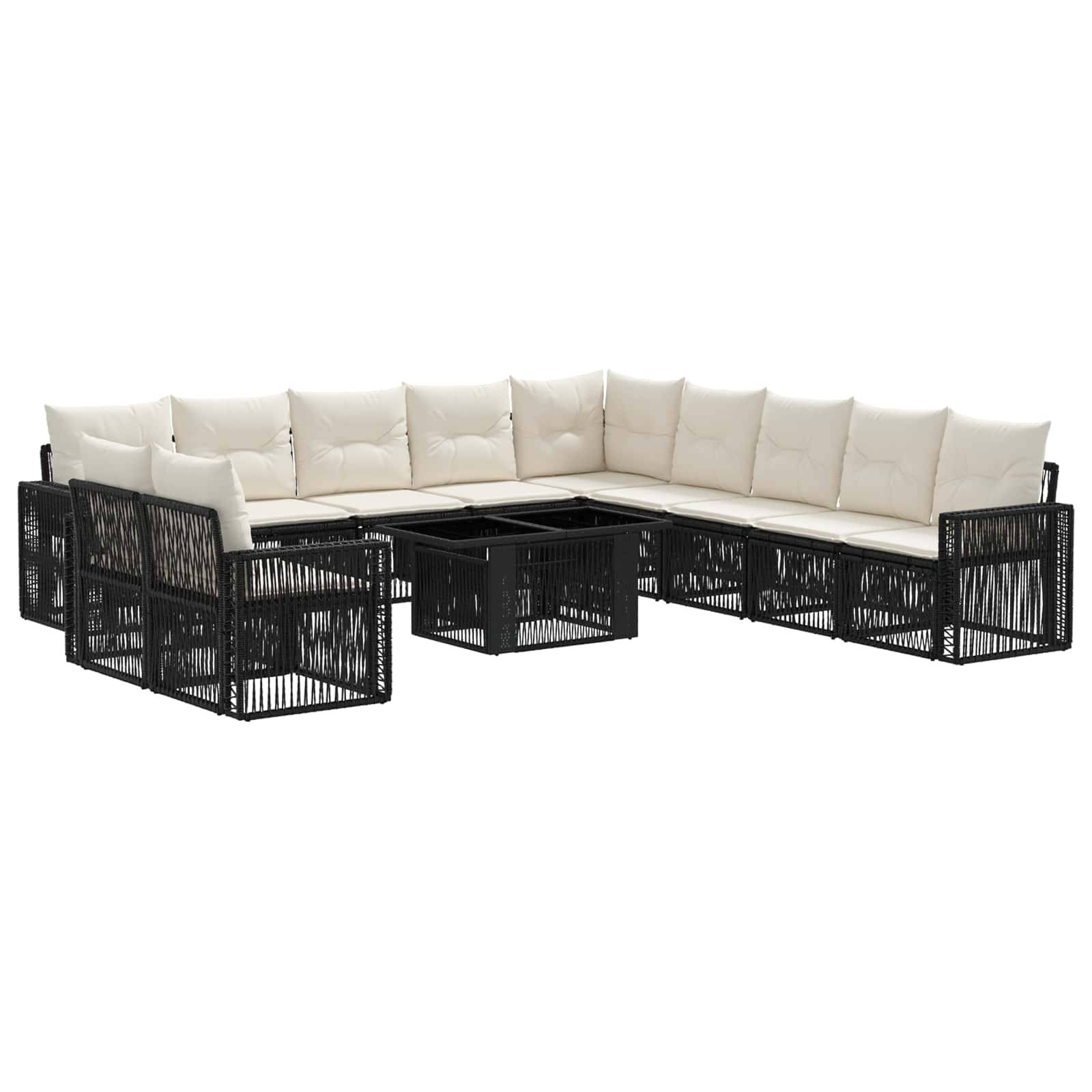 Eckiges Außensofa mit schwarzem geflochtenem Rahmen, cremefarbenen Kissen und Eckdesign auf weißem Hintergrund.