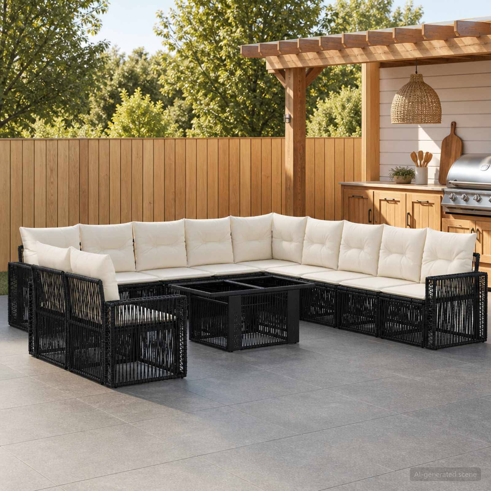 L-förmiges Außensofa mit weißen Kissen und schwarzem Rattanrahmen um einen quadratischen Couchtisch auf einer Terrasse neben einer Außenküche und einem Holzzaun.