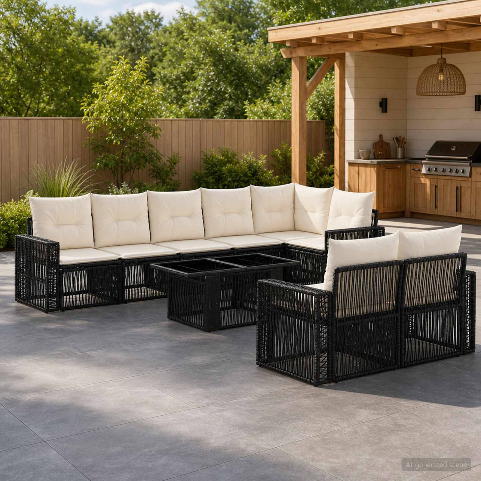 Outdoor-Terrassenbestuhlung mit schwarzen Rattansektionalsofas und cremefarbenen Kissen um einen niedrigen Tisch neben einer überdachten Außenküche.