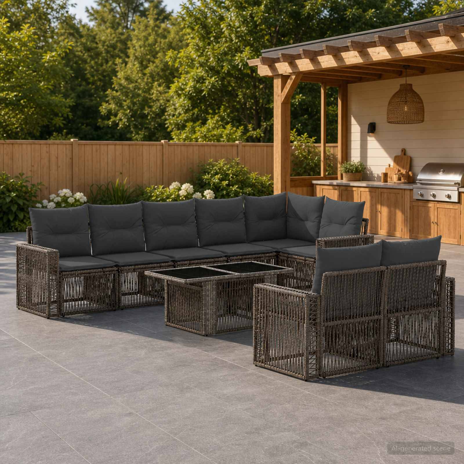 Außenterrasse mit dunkler Rattaneckbank und passendem Tisch neben einer Holzpergola und Grillbar in einem eingezäunten Garten.