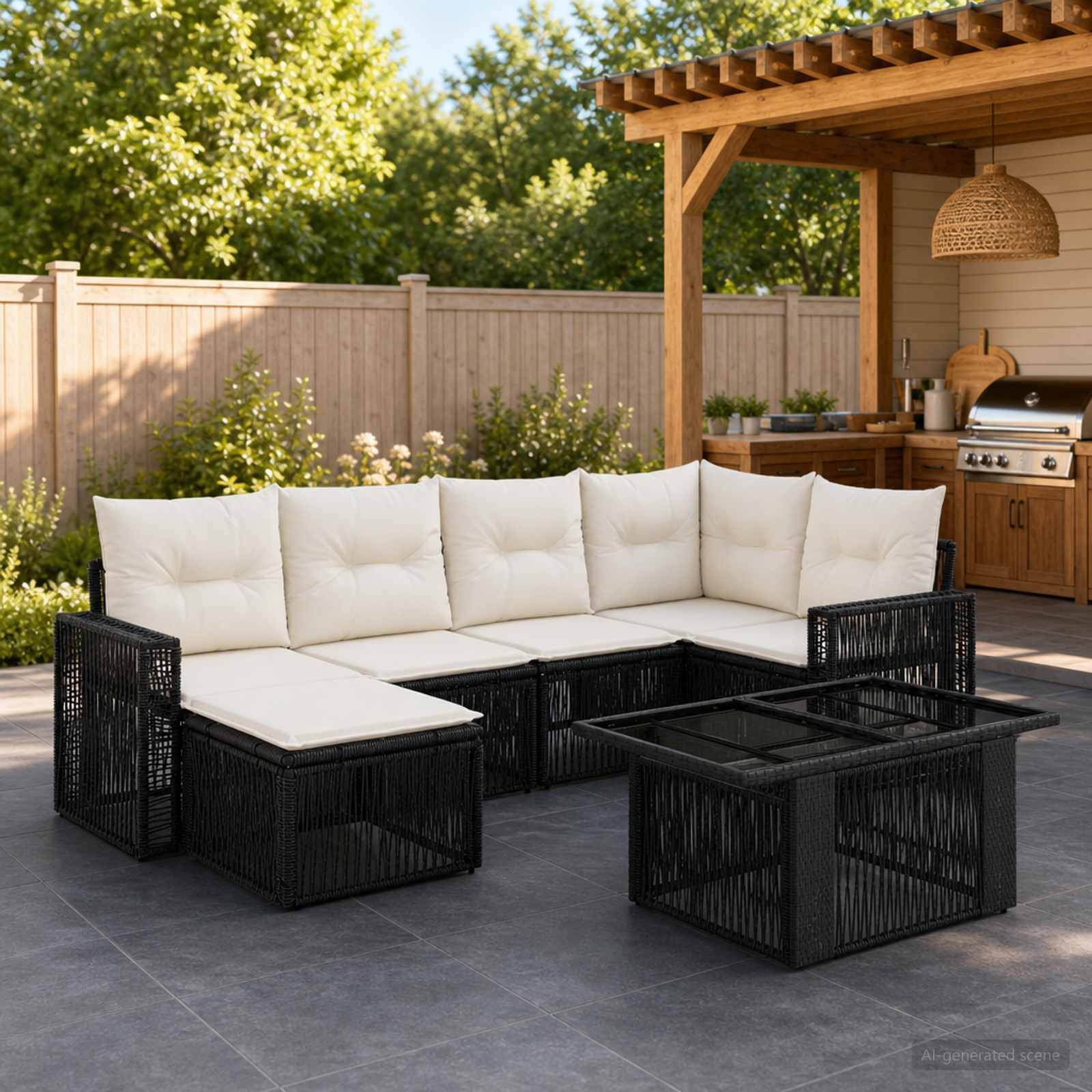 Outdoor-Terrassensitzgruppe mit schwarzem geflochtenem Sectional-Sofa, weißen Kissen und Glastische neben einem Pergola-Grillbereich in einem eingezäunten Hinterhof.