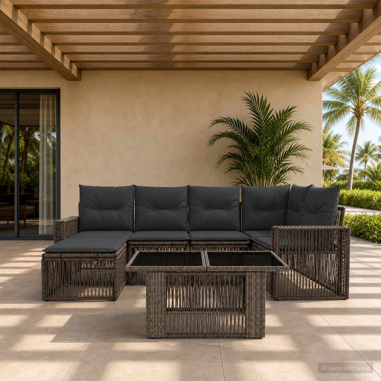 Outdoor-Terrasse mit einem dunklen Polyrattan-Ecksofa und passendem Couchtisch unter einer Pergola, neben einem beigen Haus mit Palmen im Hintergrund.
