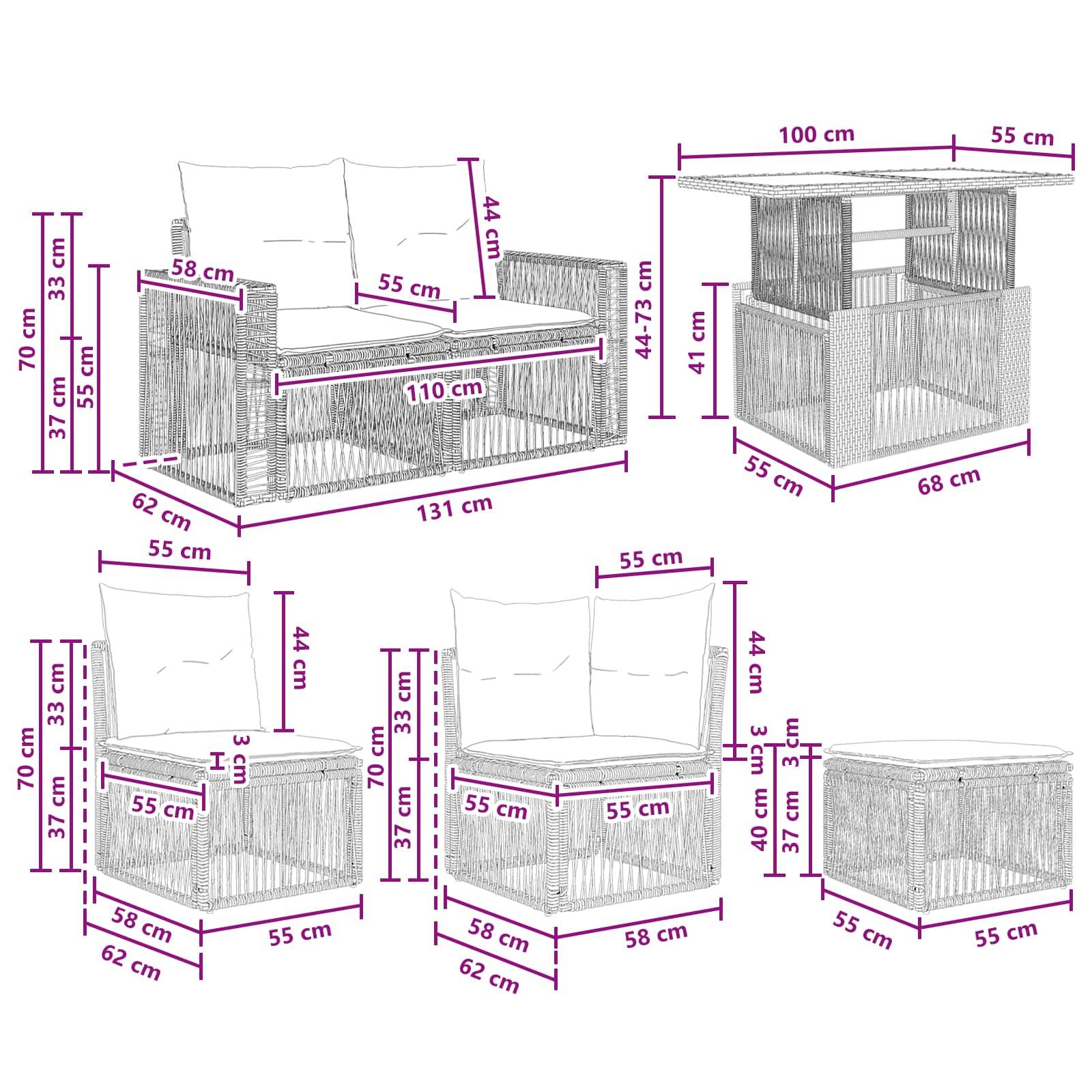 Maßstabgerechte Strichzeichnungen zeigen ein Polstergruppen-Set aus Flechtwerk für die Terrasse mit Kissen, einschließlich einer Zweisitzer-Couch, eines Sessels und einer Aufbewahrungstruhe, mit Abmessungen in cm.