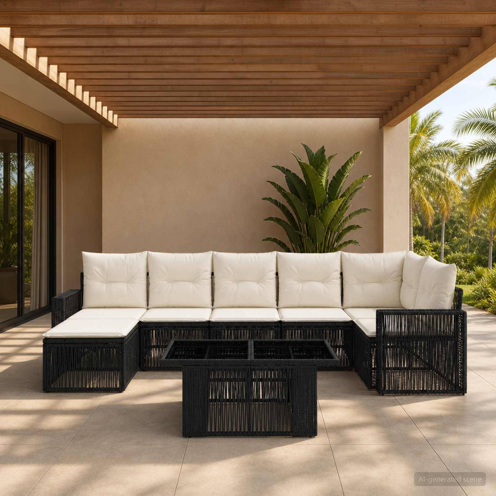 Outdoor-Terrasse mit schwarzem Rattan-Ecksofa und Couchtisch unter einer Holz-Pergola, umrahmt von beigen Wänden und tropischen Pflanzen.