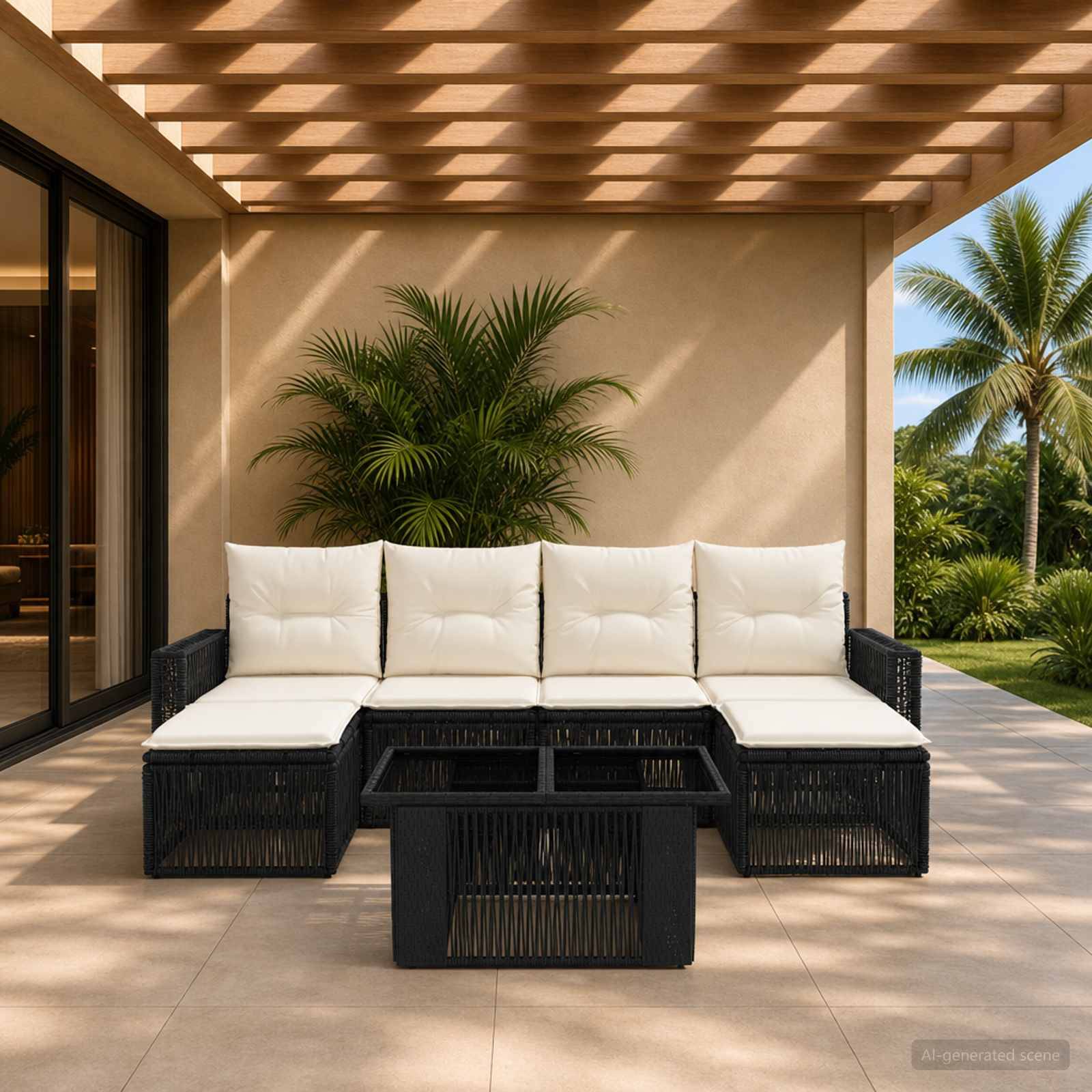 Überdachte Terrasse mit einem schwarzen Rattansektional und weißen Kissen um einen niedrigen Tisch, umrahmt von einer Pergola und tropischen Pflanzen.