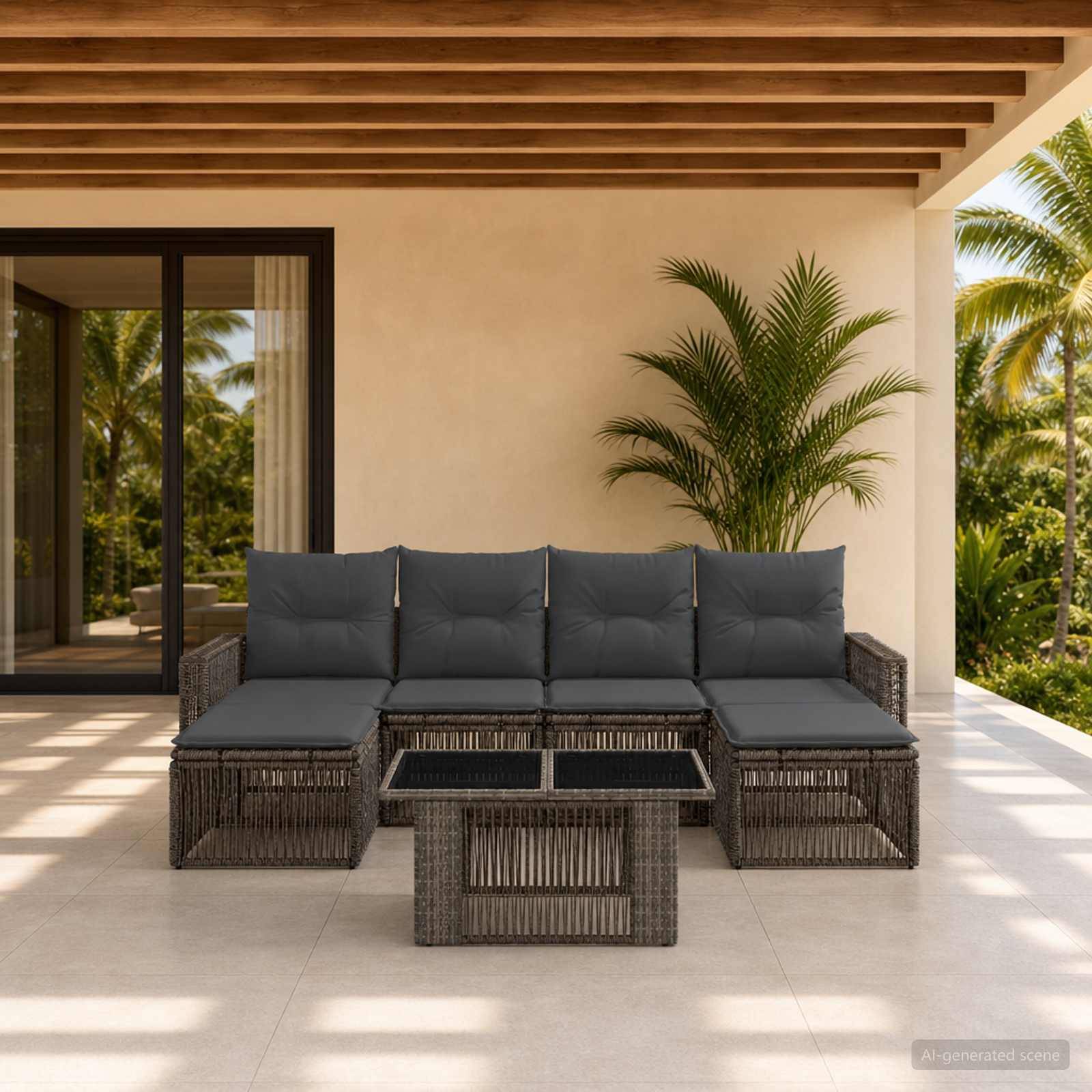 Terrasse im Freien mit dunkelm Korbgeflecht-Ecksofa und Glaskaffeetisch unter einer Holzbalkendecke, neben Schiebetüren und tropischen Pflanzen.