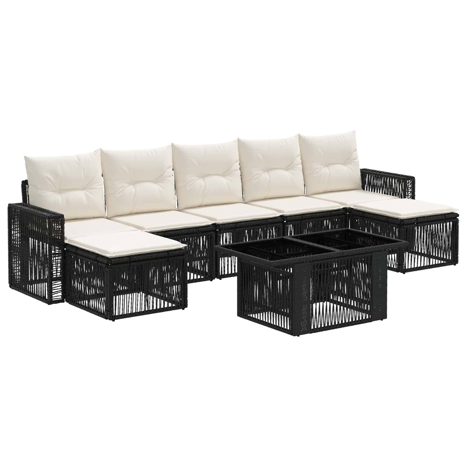 Schwarze Korb-Gartensectionalsofa mit weißen Kissen und passendem quadratischem Couchtisch auf weißem Hintergrund.